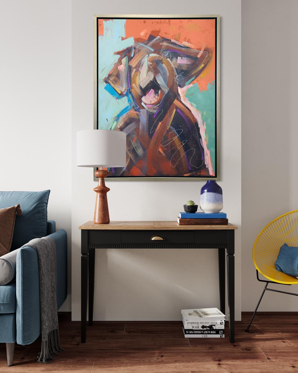 This abstracted print of a dog by artist Russell Miyaki features a warm, colorful palette and captures a brown Labrador from the shoulders up, composed of sweeping colors in front of a vibrant background which is color-blocked in red and turquoise