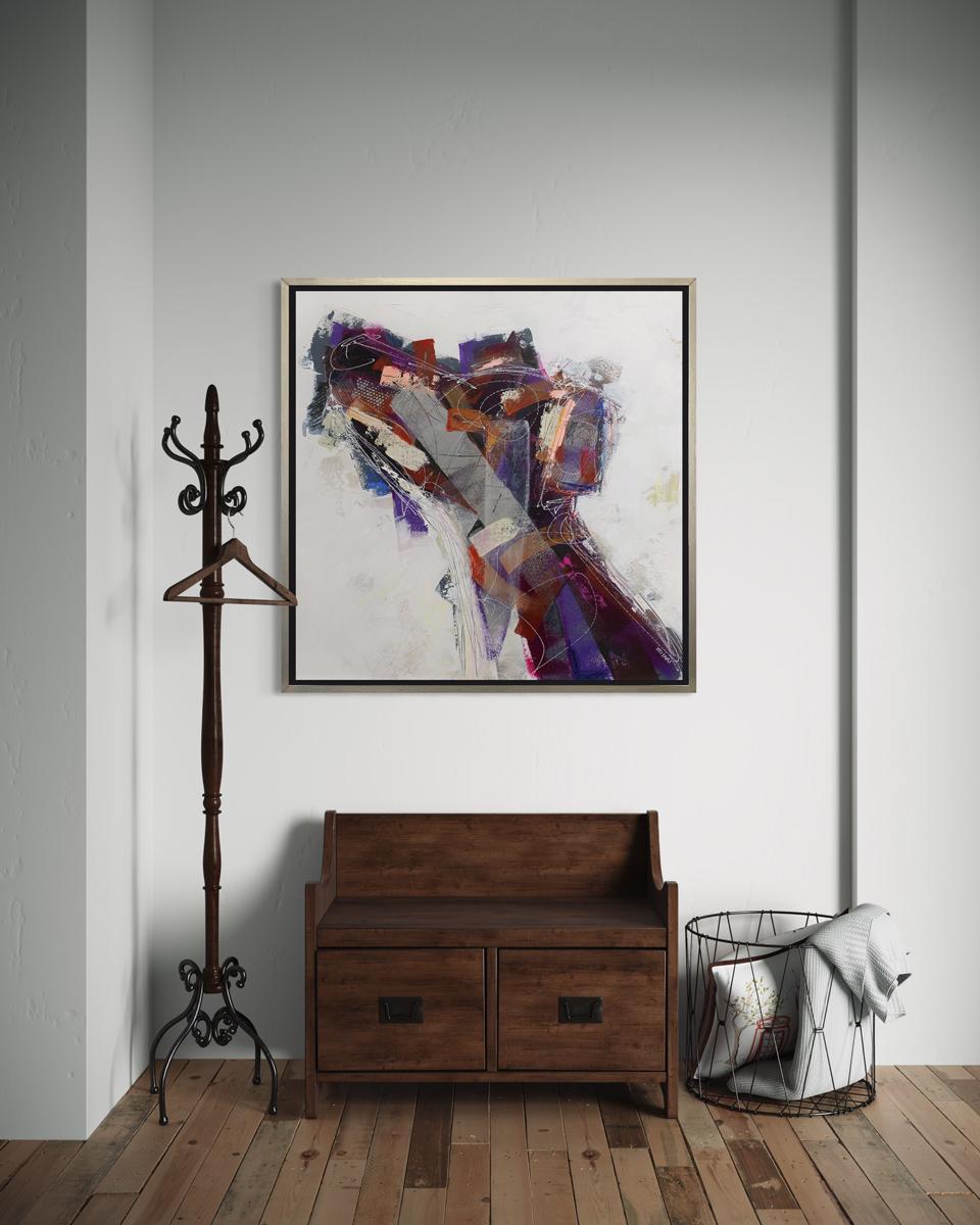 This abstracted print of a dog by artist Russell Miyaki features an earthy neutral palette and captures a brown dog in profile in front of a white background. It pairs larger abstracted colors with thinner line-work to create an energetic,