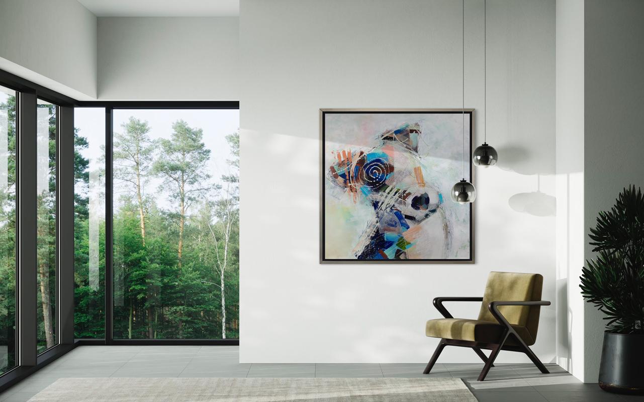 This abstracted print of a dog by artist Russell Miyaki features a light neutral palette with colorful accents and expressive, playful elements to create an energetic composition of a dog, with spiral linework over its left eye.

This Limited