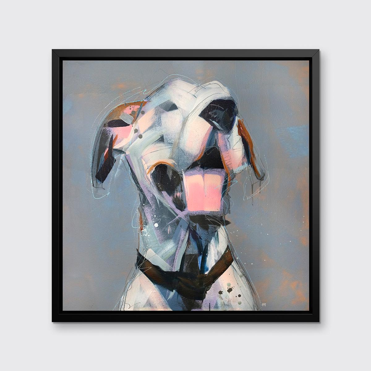 Dieser abstrahierte Druck eines Hundes des Künstlers Russell Miyaki zeichnet sich durch eine helle, neutrale Farbpalette mit ausdrucksstarken, verspielten Elementen aus, um eine energiegeladene Komposition eines Dalmatiners mit geöffnetem Maul und