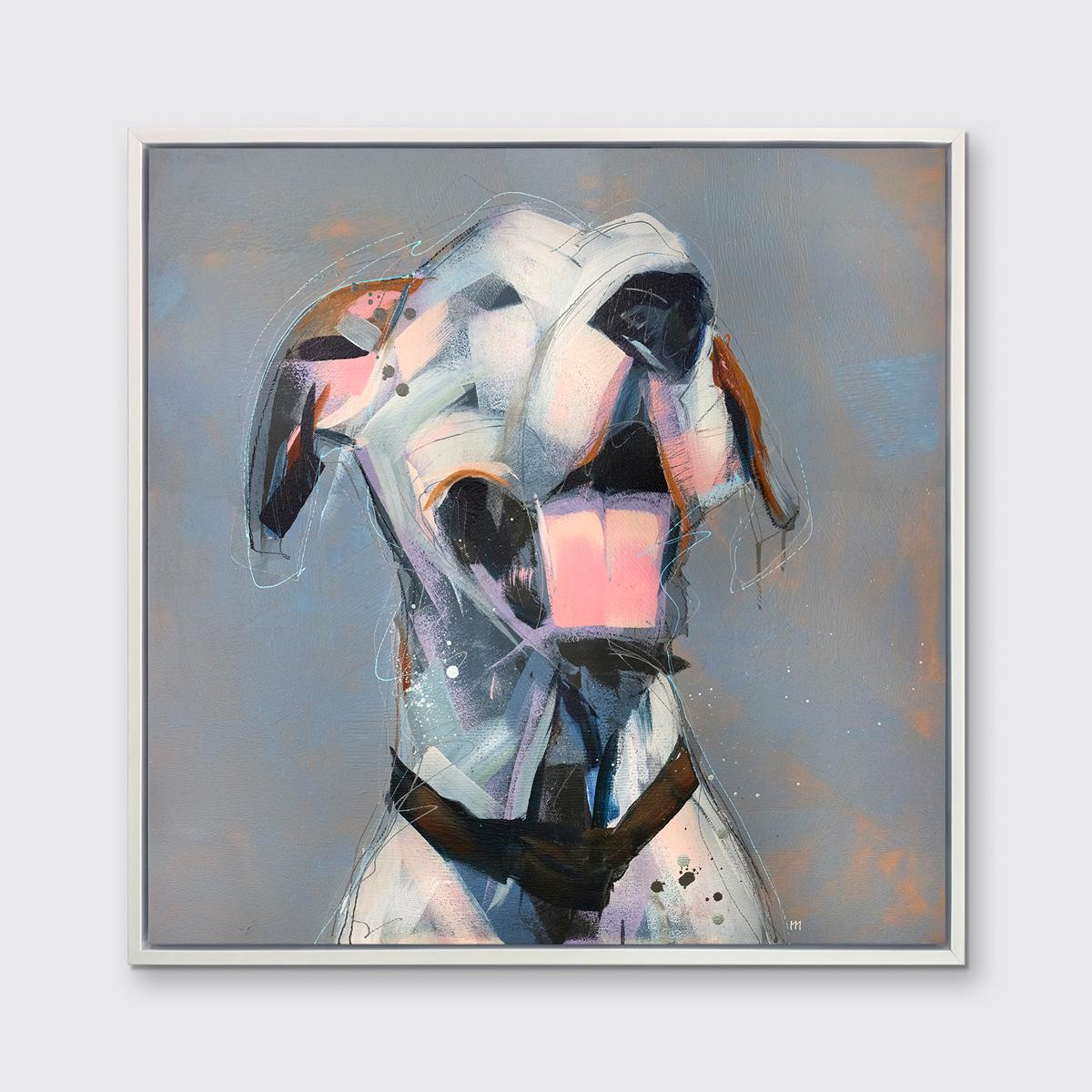 Cette impression abstraite d'un chien par l'artiste Russell Miyaki présente une palette neutre et légère avec des éléments expressifs et ludiques pour créer une composition énergique d'un dalmatien avec la bouche ouverte et la langue rose étendue