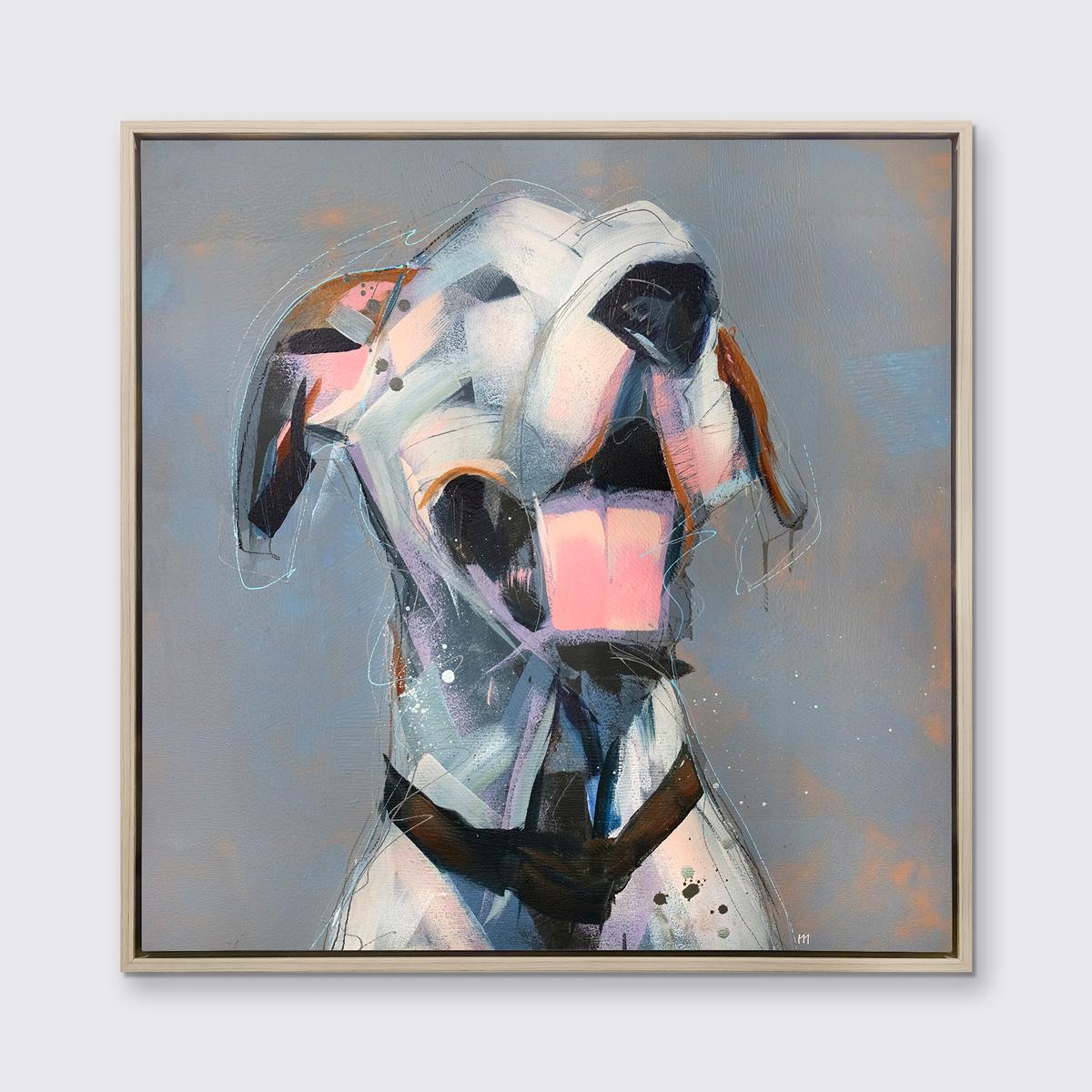 This abstracted print of a dog by artist Russell Miyaki features a light neutral palette with expressive, playful elements to create an energetic composition of a Dalmatian with his mouth open and pink tongue extended on a grey background. 

This