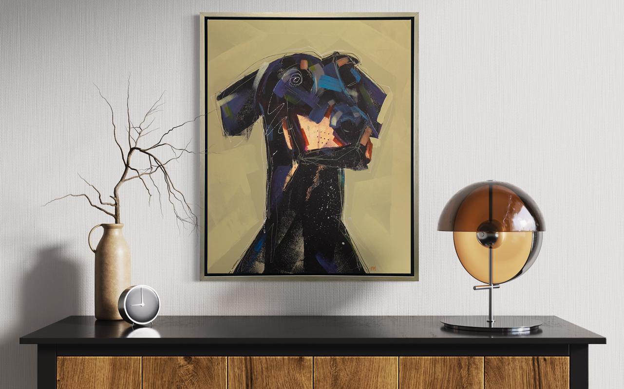 This abstracted print of a dog by artist Russell Miyaki features a unique palette and captures a black Doberman dog from the shoulders up, with warm accents in front of a gold background. It pairs larger abstracted colors with thinner line-work to