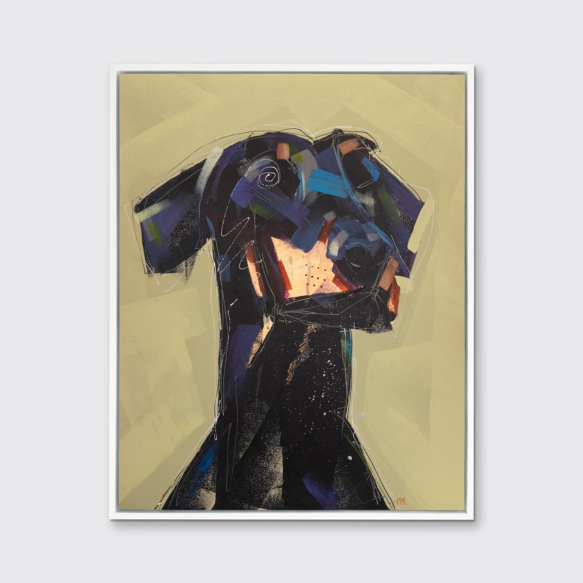 This abstracted print of a dog by artist Russell Miyaki features a unique palette and captures a black Doberman dog from the shoulders up, with warm accents in front of a gold background. It pairs larger abstracted colors with thinner line-work to