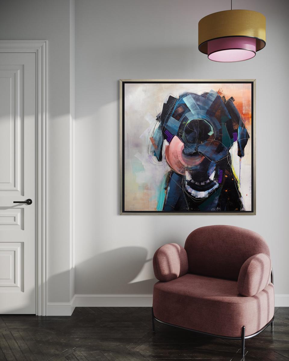 This abstracted print of a dog by artist Russell Miyaki features a light, colorful palette and loose, expressive, and playful elements to create an energetic composition of a dog licking his lips with his tongue fully extended up over the left side