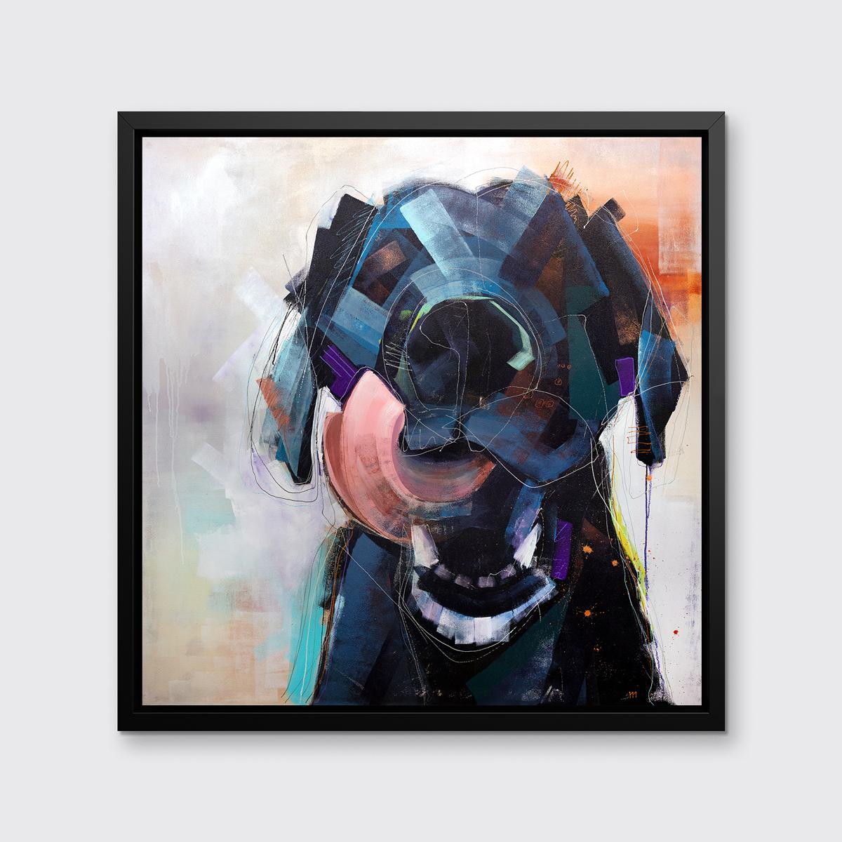 This abstracted print of a dog by artist Russell Miyaki features a light, colorful palette and loose, expressive, and playful elements to create an energetic composition of a dog licking his lips with his tongue fully extended up over the left side