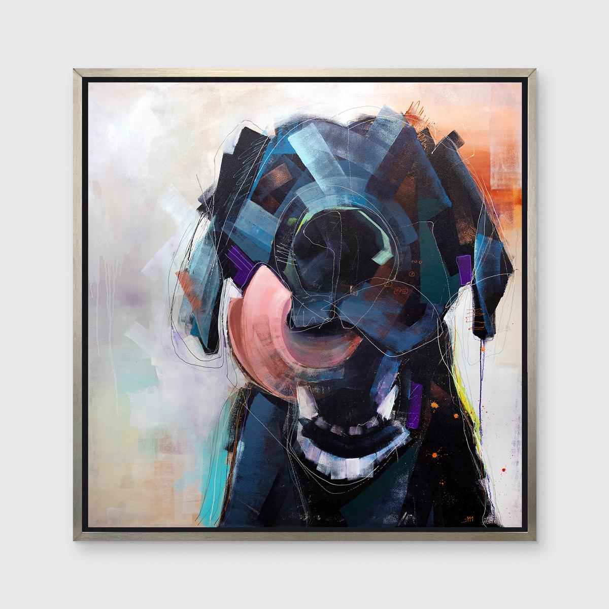 This abstracted print of a dog by artist Russell Miyaki features a light, colorful palette and loose, expressive, and playful elements to create an energetic composition of a dog licking his lips with his tongue fully extended up over the left side