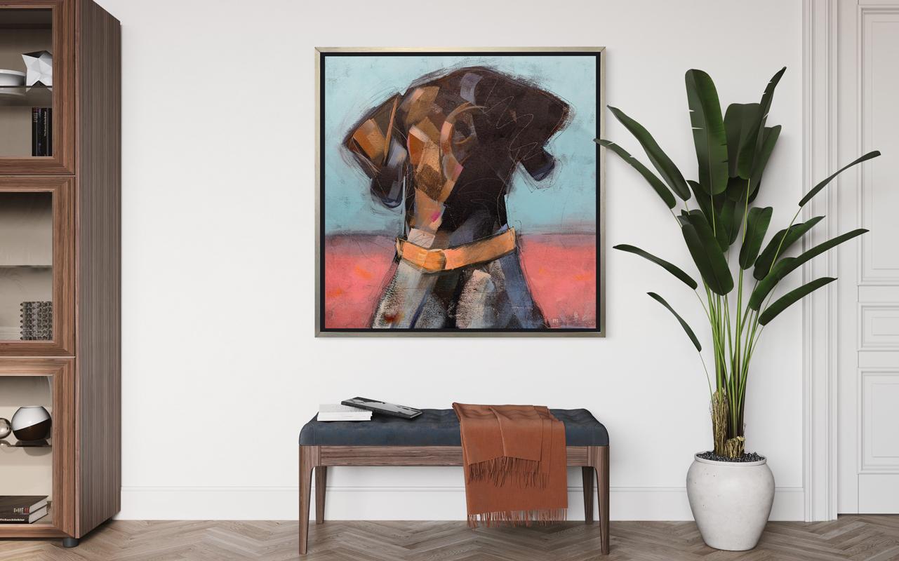 This abstracted print of a dog by artist Russell Miyaki features a vibrant palette, with a brown dog from the shoulders up, wearing a bright orange collar in front of a bright, half red and half blue background. 

This Limited Edition giclee print