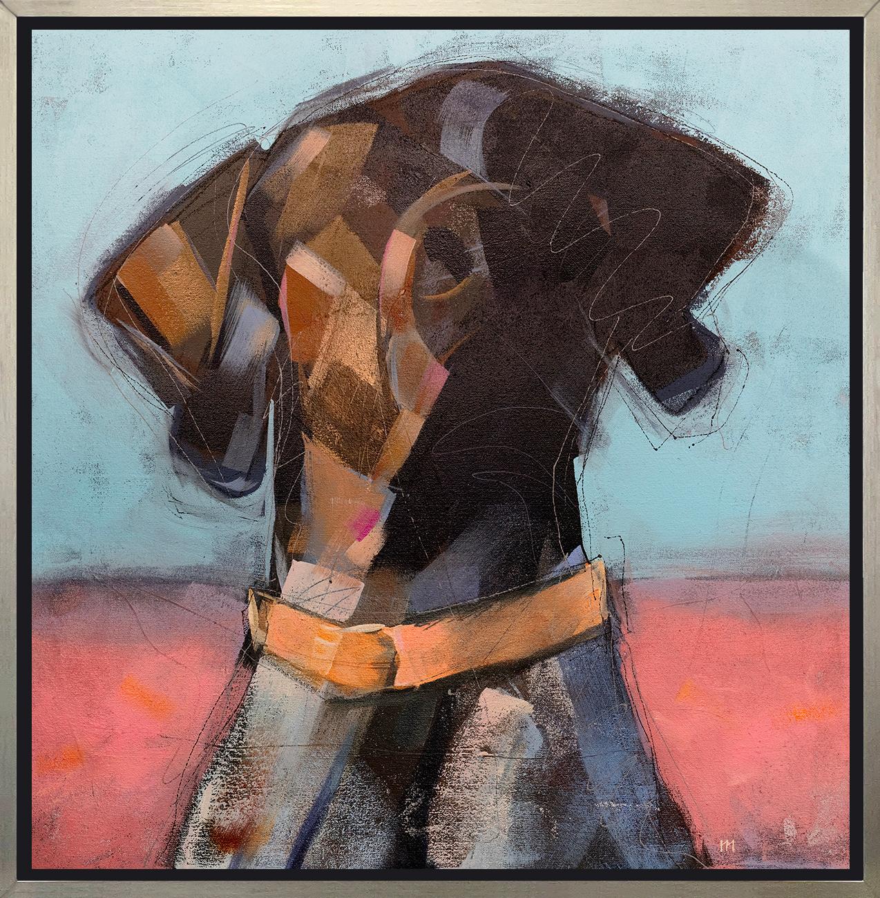 Dieser abstrahierte Druck eines Hundes des Künstlers Russell Miyaki zeigt eine lebhafte Farbpalette mit einem braunen Hund, der von den Schultern aufwärts ein leuchtend orangefarbenes Halsband vor einem hellen, halb roten und halb blauen Hintergrund