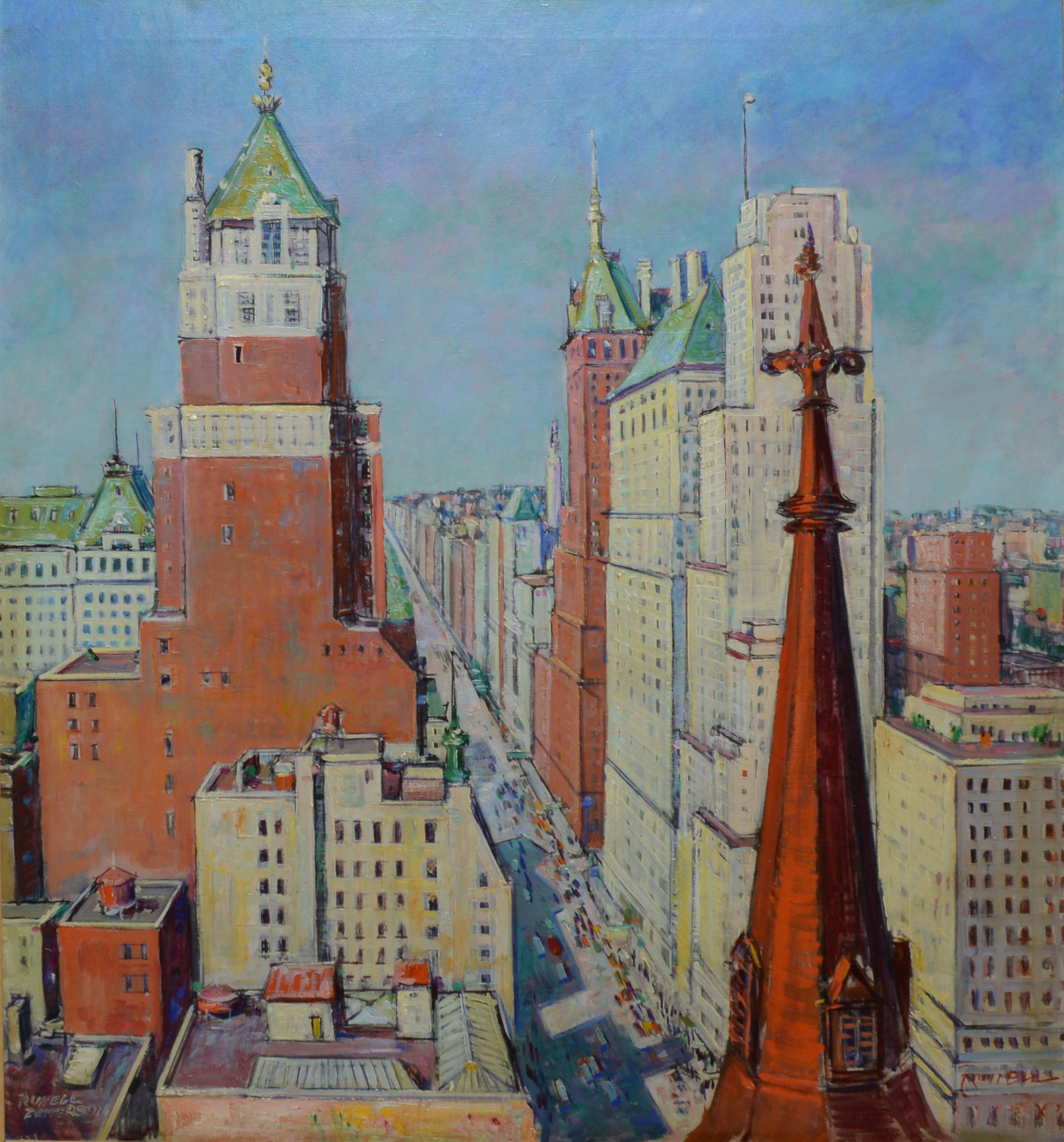 Impressionist view of New York City by Russell Patterson.   Oil on canvas, circa 1952.  Signed.  Displayed in a giltwood impressionist frame.  Image size, 30