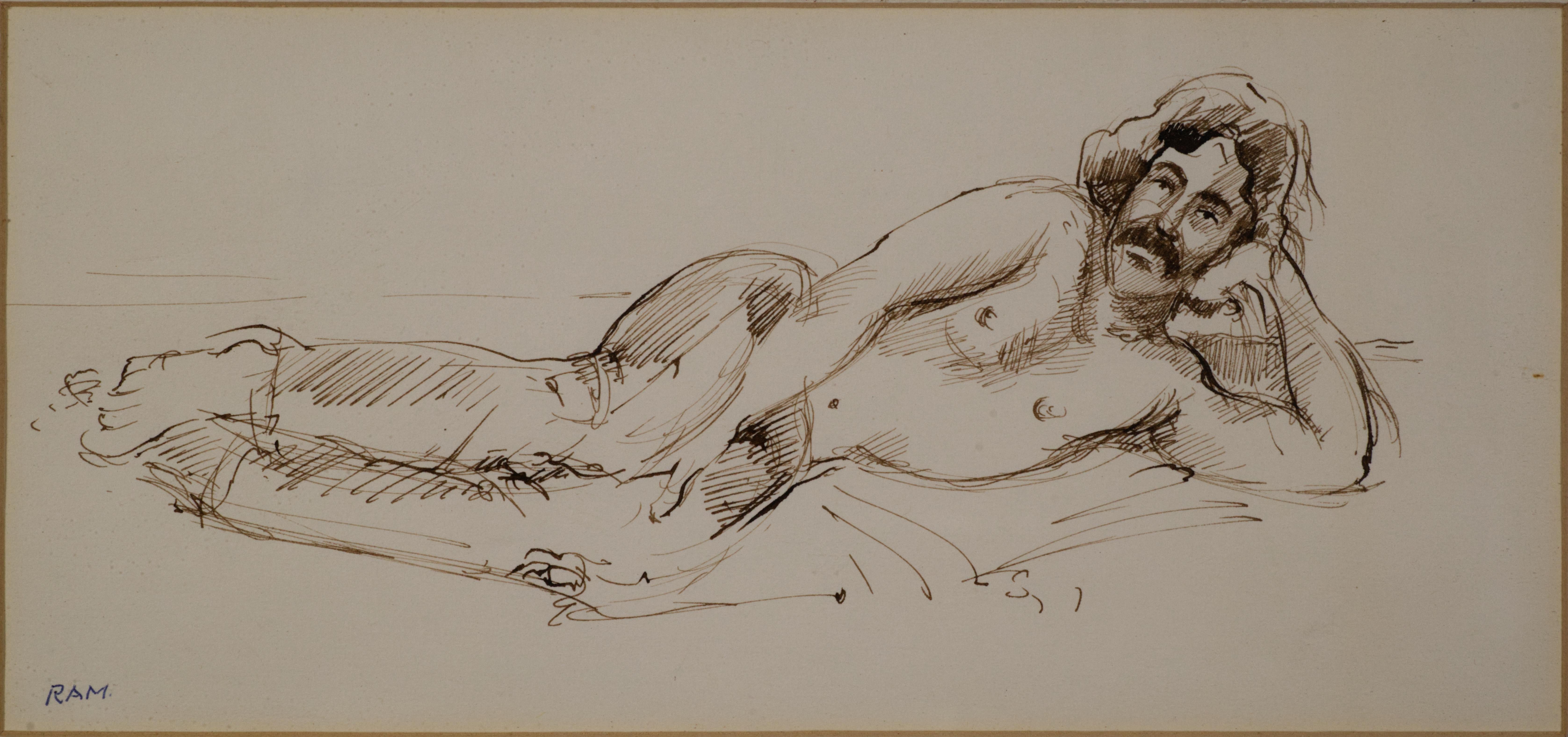  Vintage original ink on paper drawing by a listed artist Russell Ram features a portrait of a reclining shirtless man with long hair and mustache. 

The portrait is signed in pen by the artist in lower left corner; it is professionally framed and