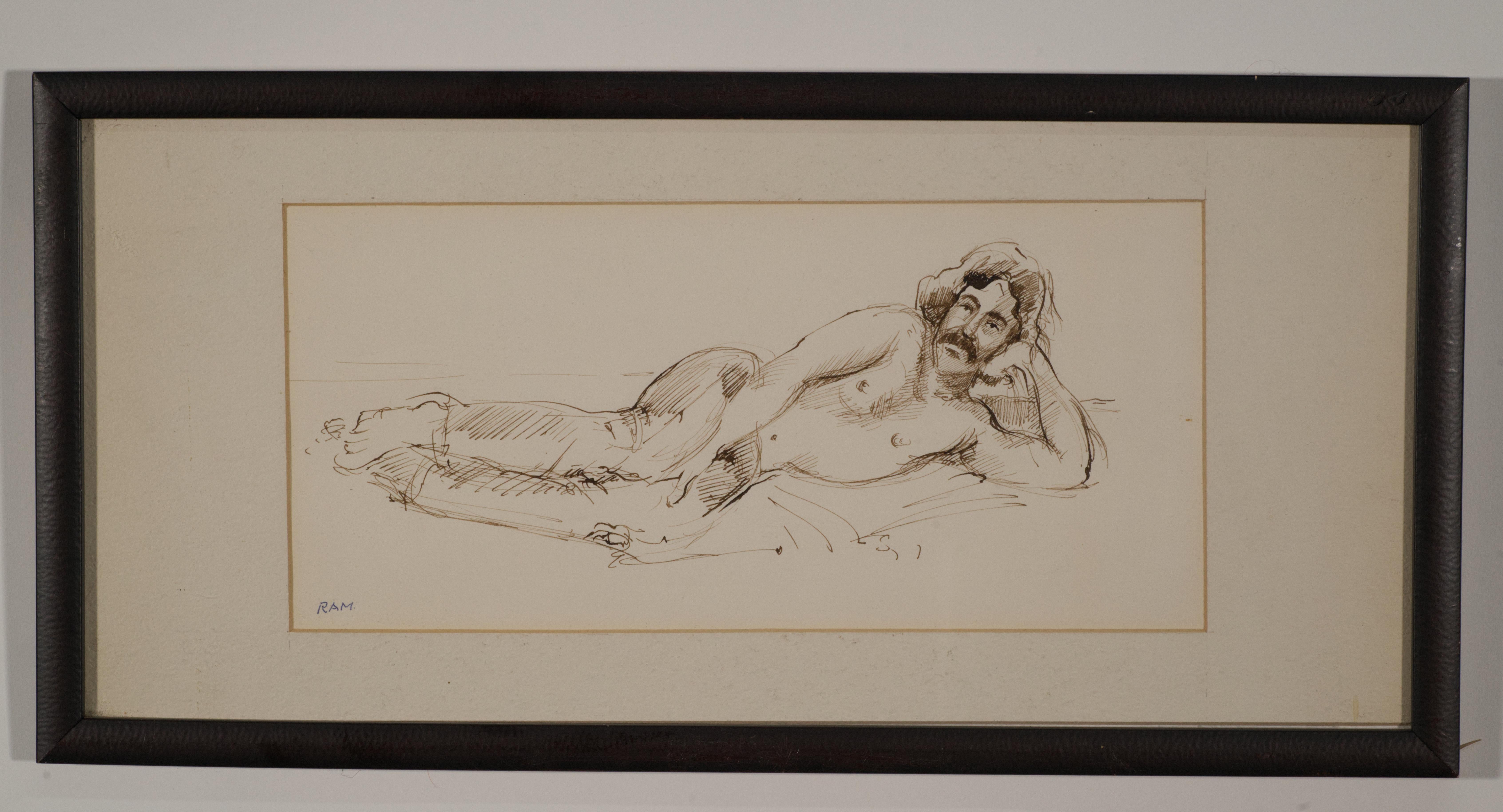 Mid-Century Modern Russell Ram, Reclining Male Portrait, 1960s-1970s Drawing For Sale
