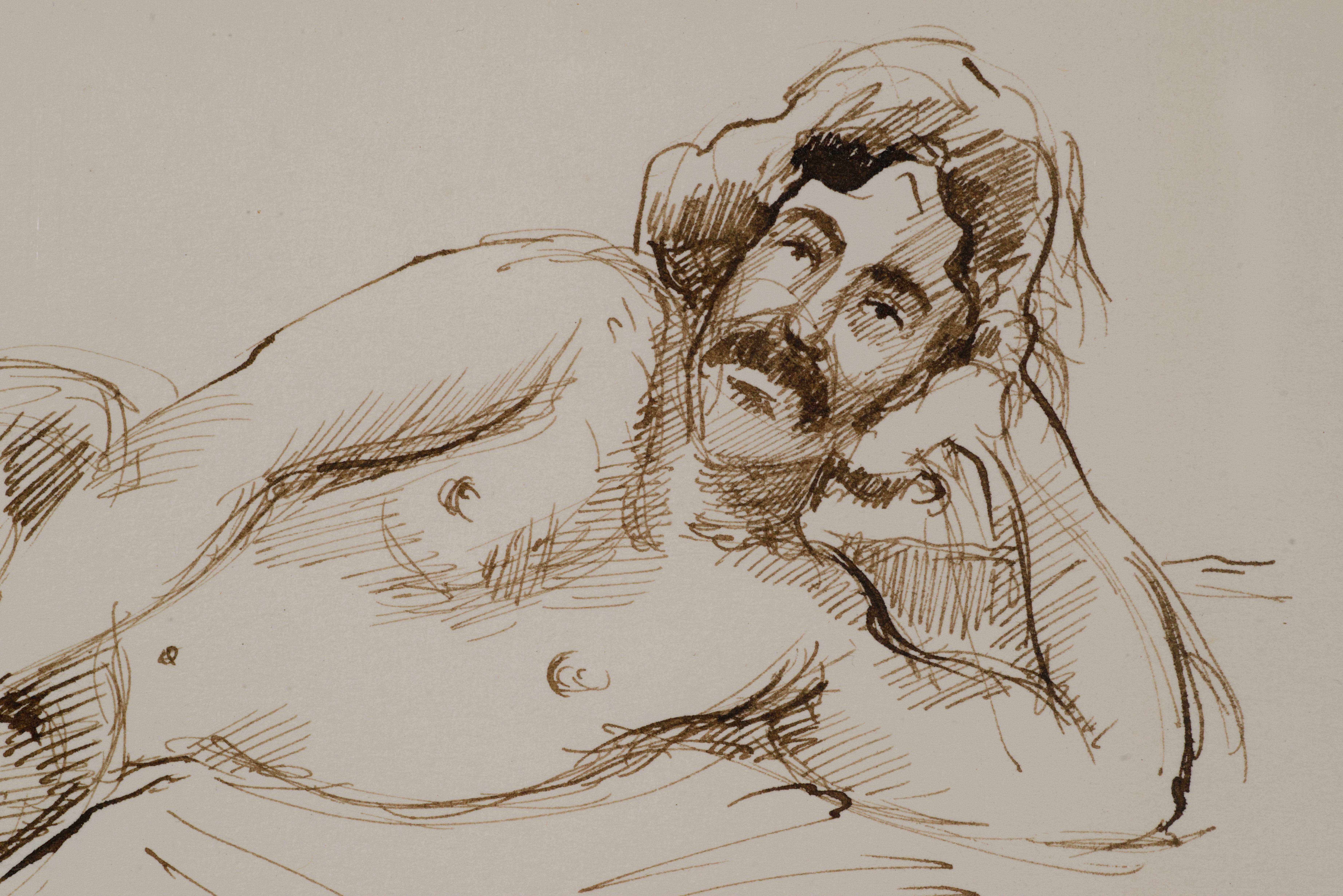 Hand-Painted Russell Ram, Reclining Male Portrait, 1960s-1970s Drawing For Sale
