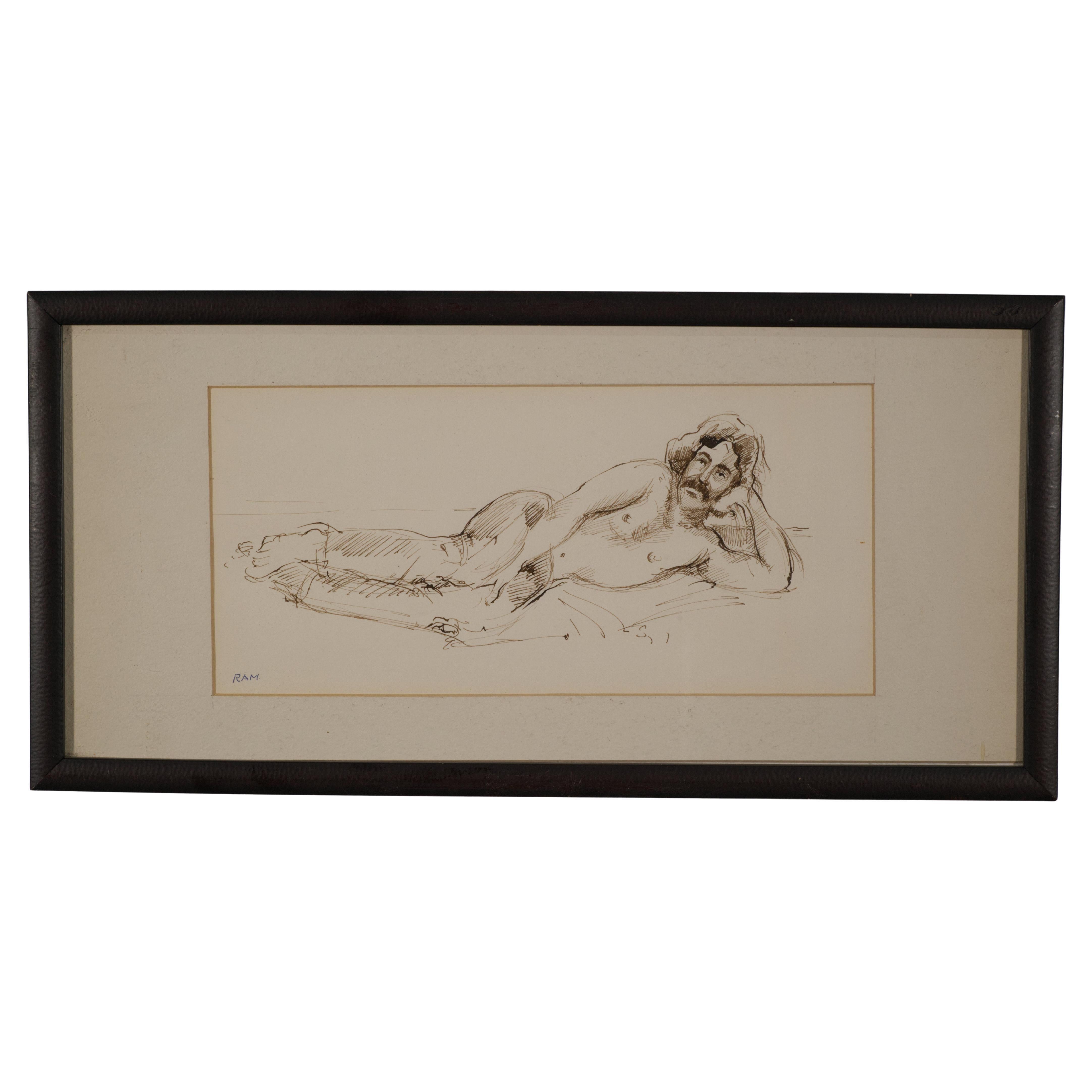 Russell Ram, portrait masculin couché, dessin des années 1960-1970
