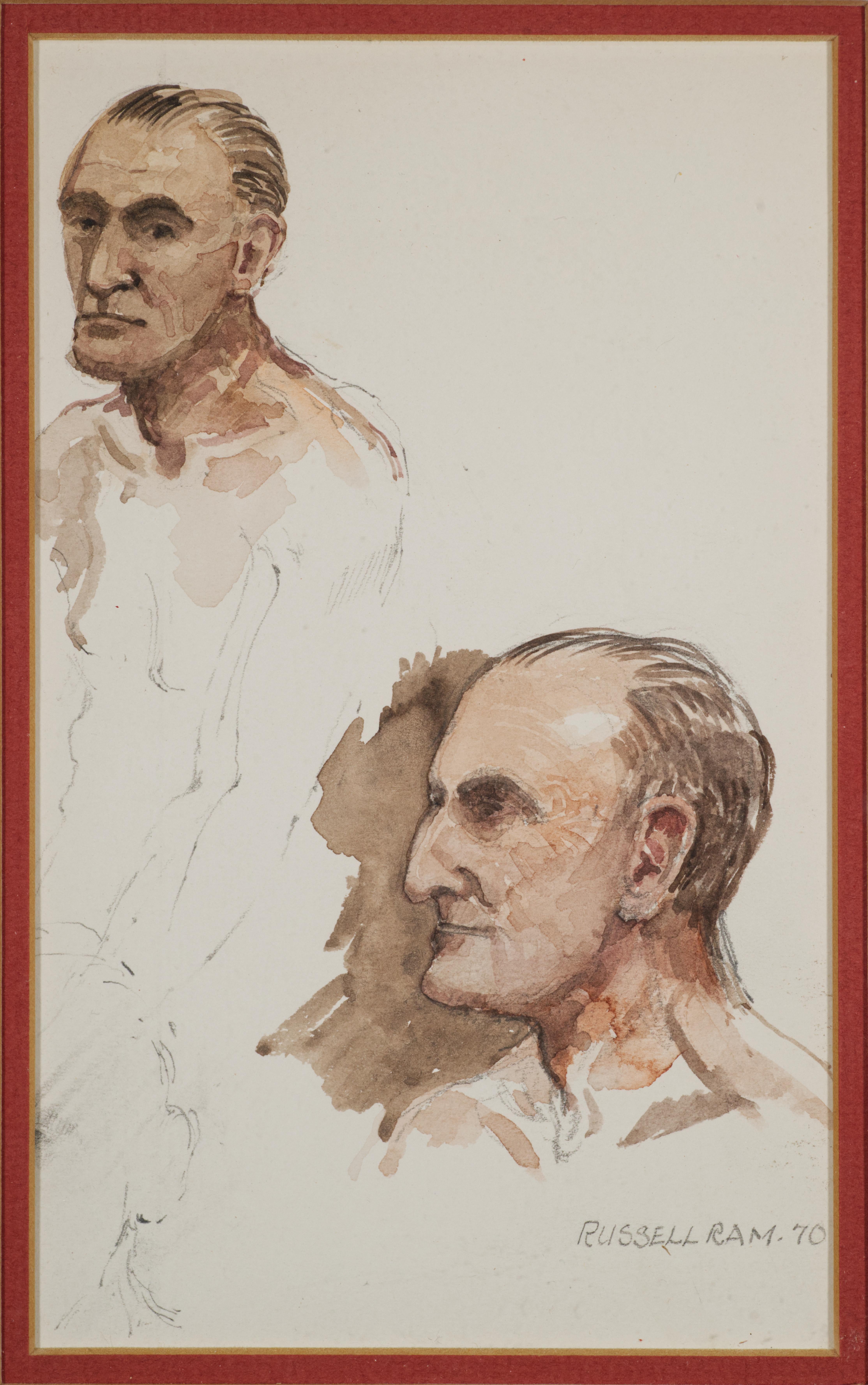 Vintage original pen on paper drawing, partially shaded and colored in watercolors, by a listed artist Russell Ram features a study for a portrait of a sitting shirtless man.

The portrait is signed and dated in pen by the artist in lower right