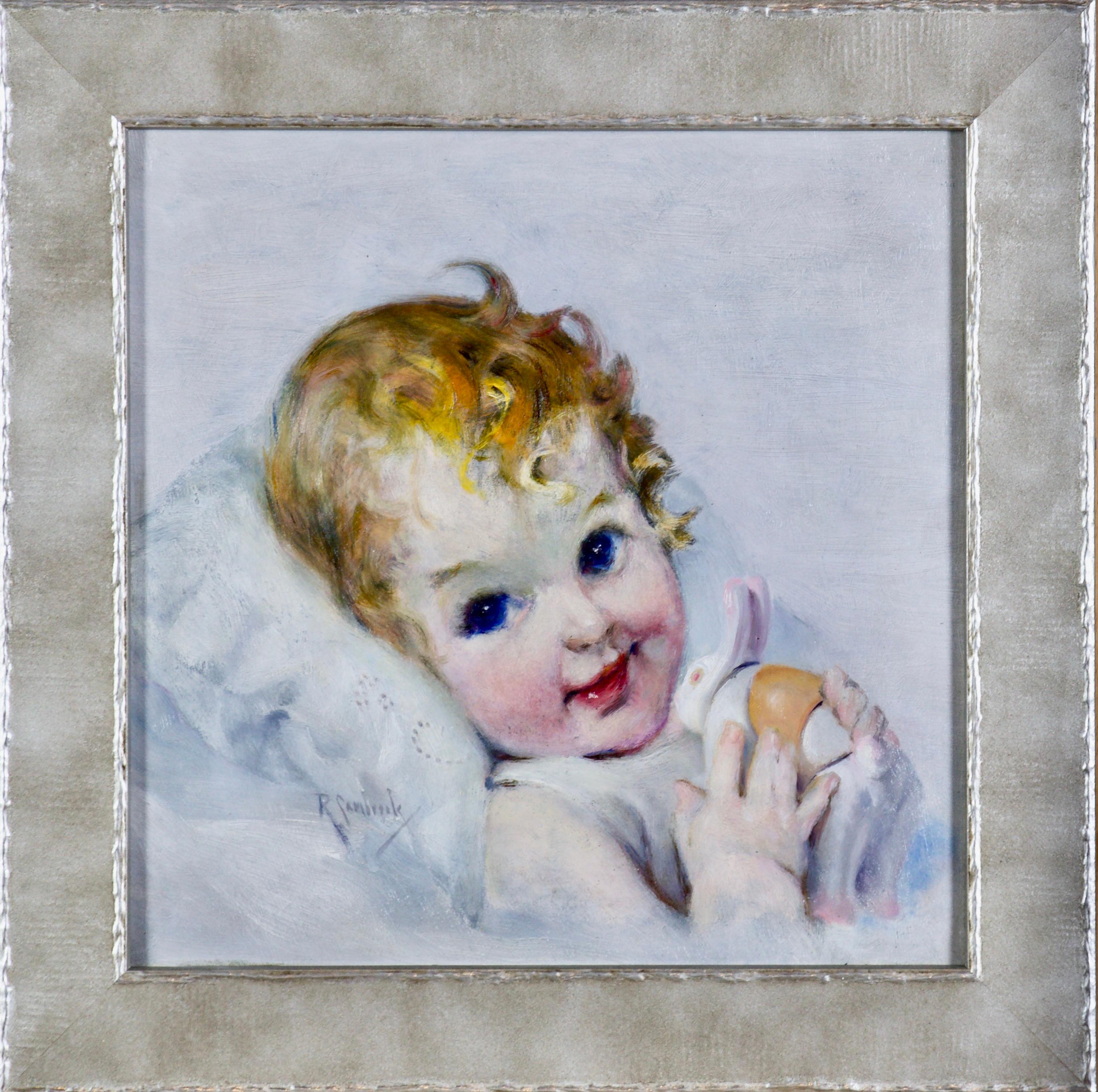 Baby with Bunny - Painting by Russell Sambrook