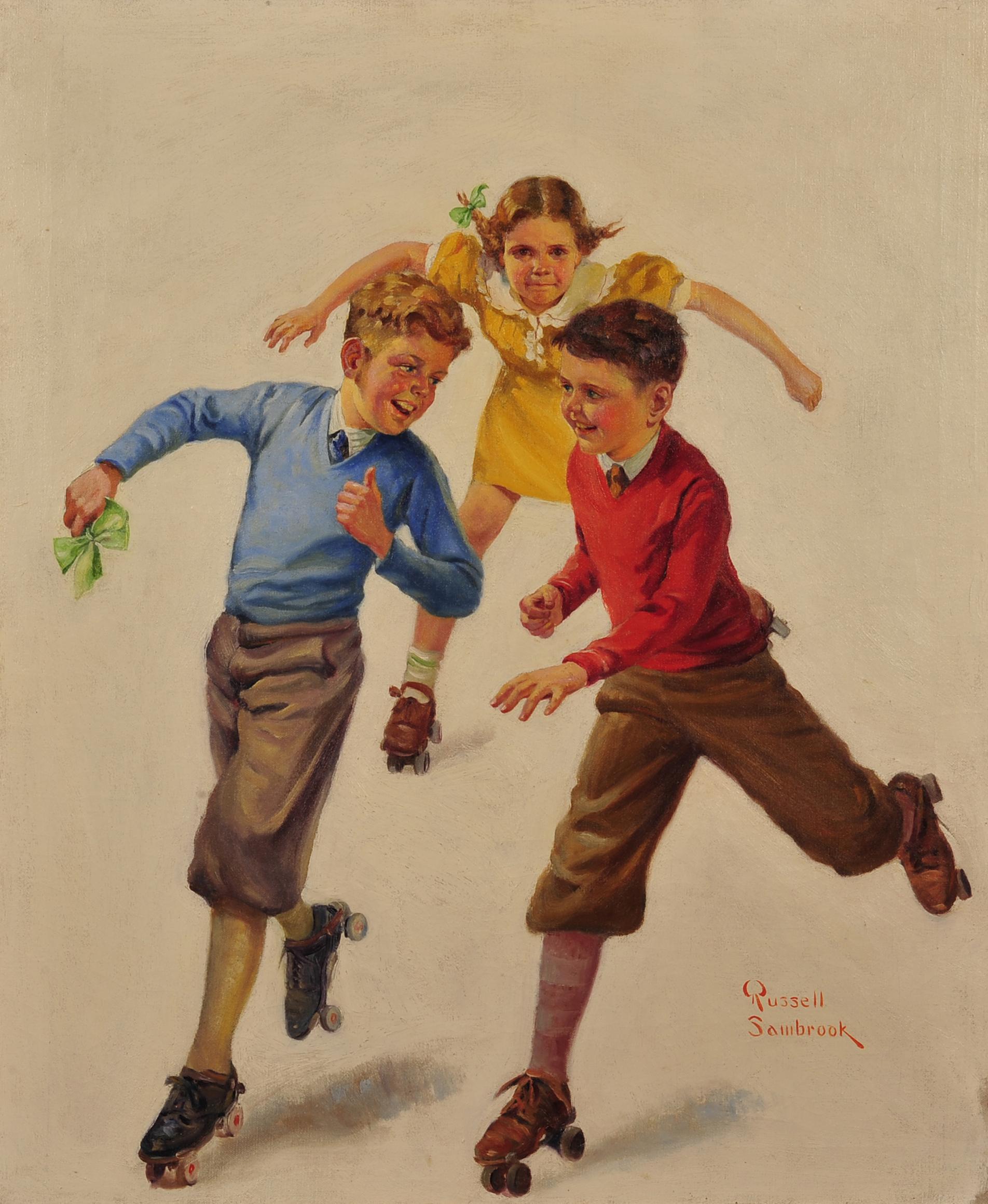 Three Children Skating - Painting by Russell Sambrook