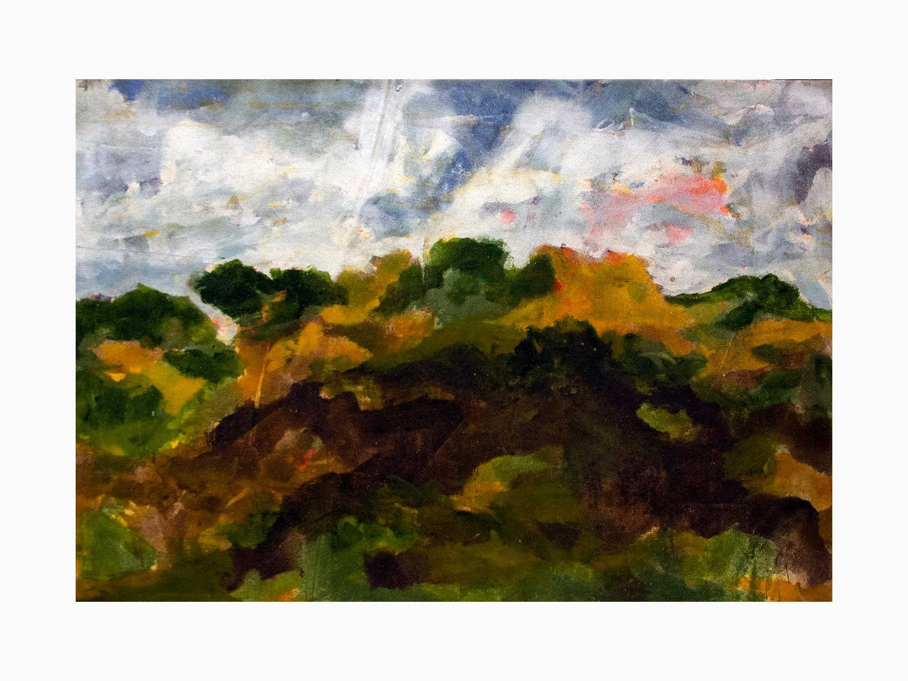 Russell Sharon  Landscape Painting – Ohne Titel (Grüne Landschaft), Landschaft, kräftige Farben
