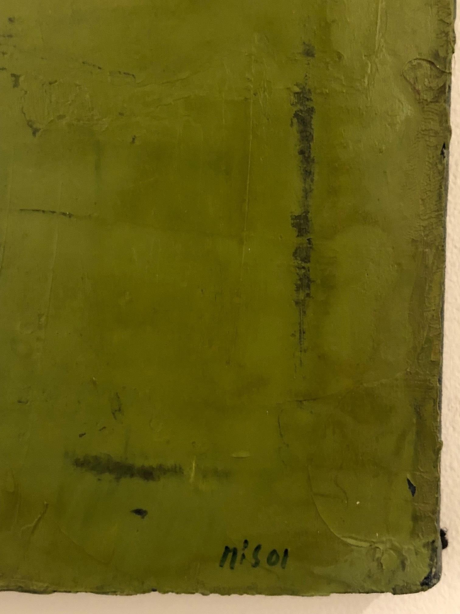 Peinture de paysage abstrait en vert, rouge et brun. 
Signé et daté dans le coin inférieur droit. 

Russell Sharon est né dans une ferme du Minnesota. Il a étudié à Mexico, Boston et New York. Il est connu pour ses œuvres très colorées avec des