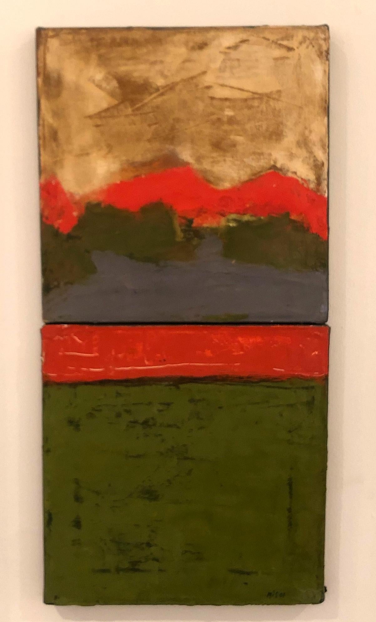 Abstract landscape painting in green, red, and brown. 
Signed and dated bottom right corner. 

Russell Sharon was born on a farm in Minnesota. He studied in Mexico City, Boston and New York. He is known for his wildly colorful works with imagery