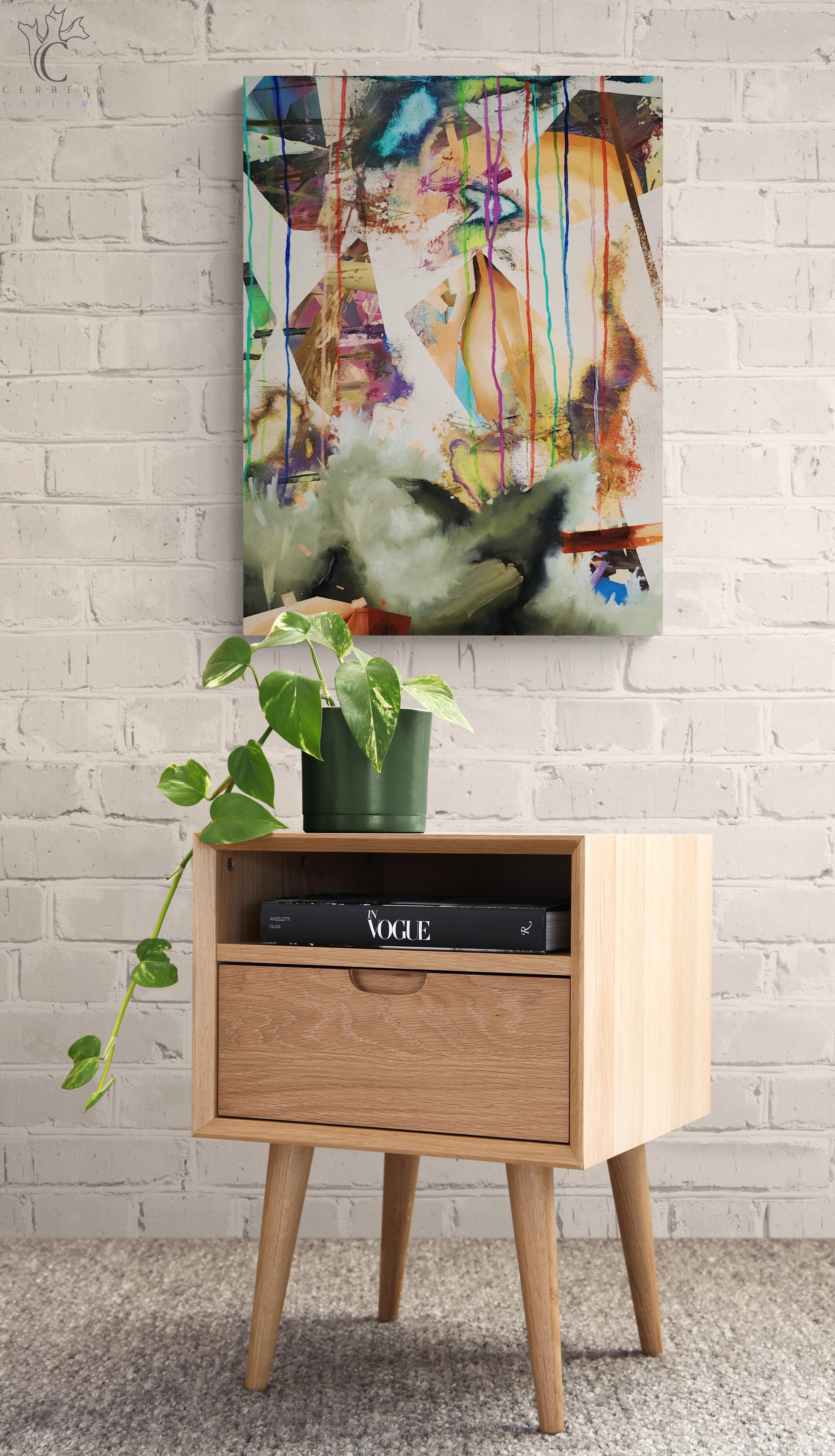 In bilico (Astratto, Vibrante, Gocce, Neon, Gestuale, Contemporaneo, Espressionismo) - Abstract Painting Beige di Russell Shoemaker