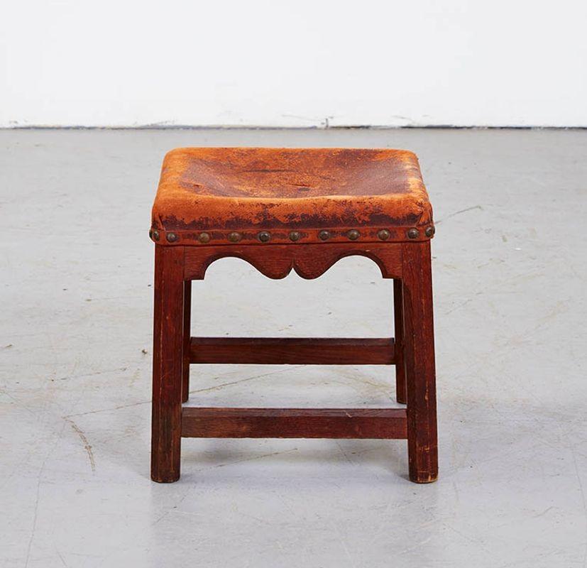 Russell Stool in Original Distressed Leather In Distressed Condition For Sale In Greenwich, CT