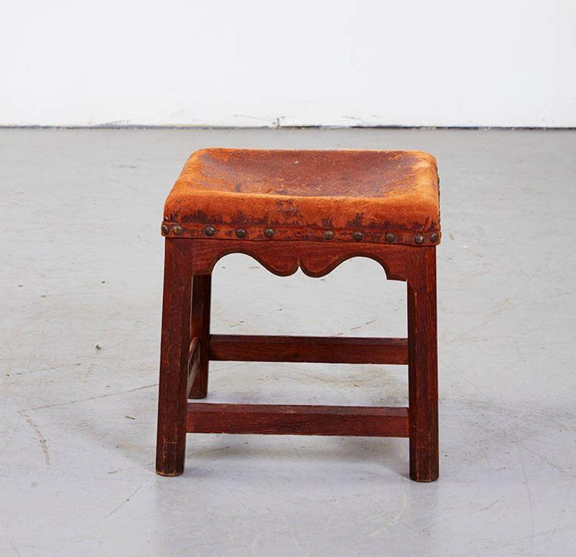 Oak Russell Stool in Original Distressed Leather For Sale