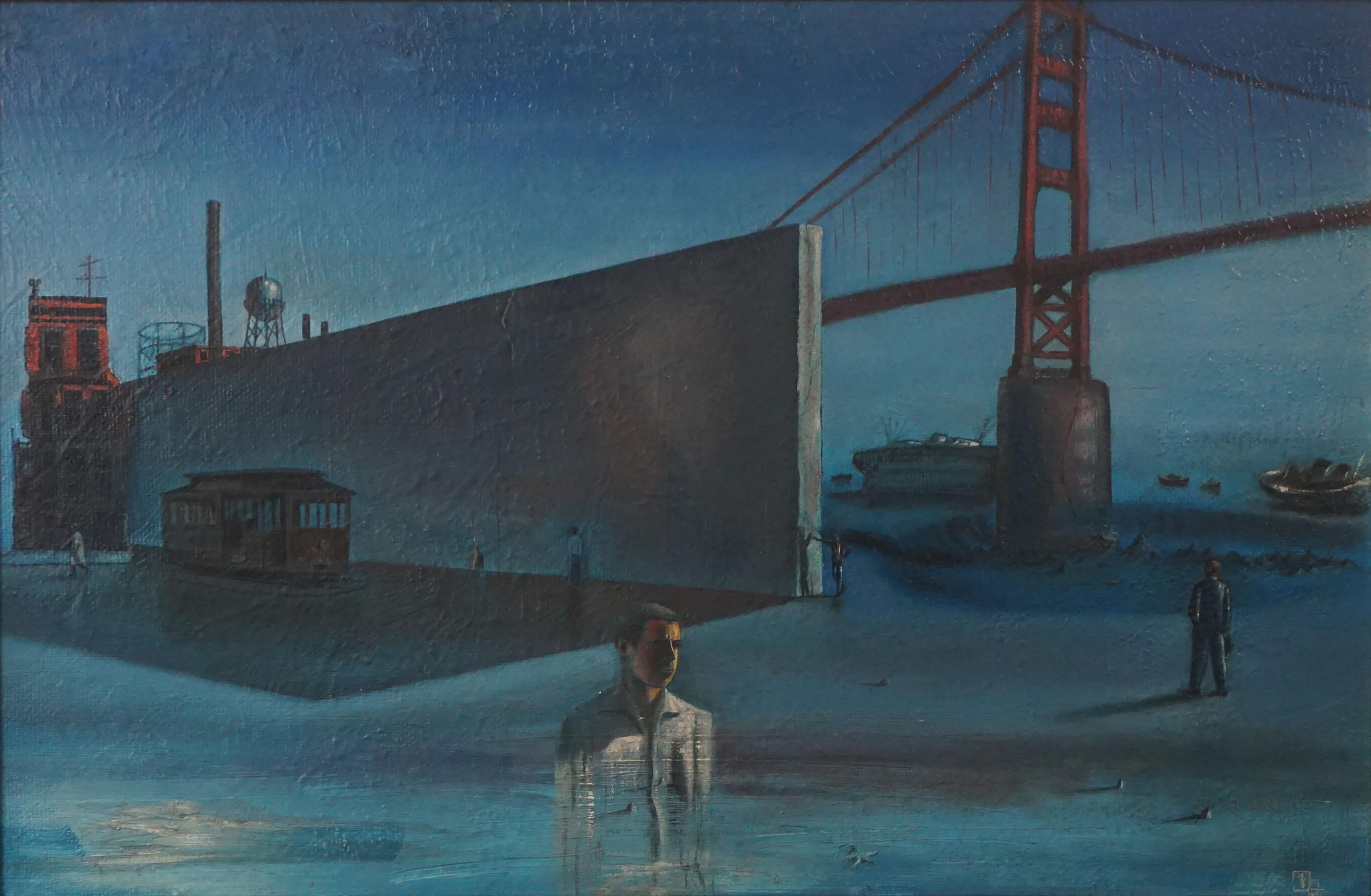 Mid Century San Francisco Nächtliche Surrealist Ölgemälde – Painting von Russell Tripp