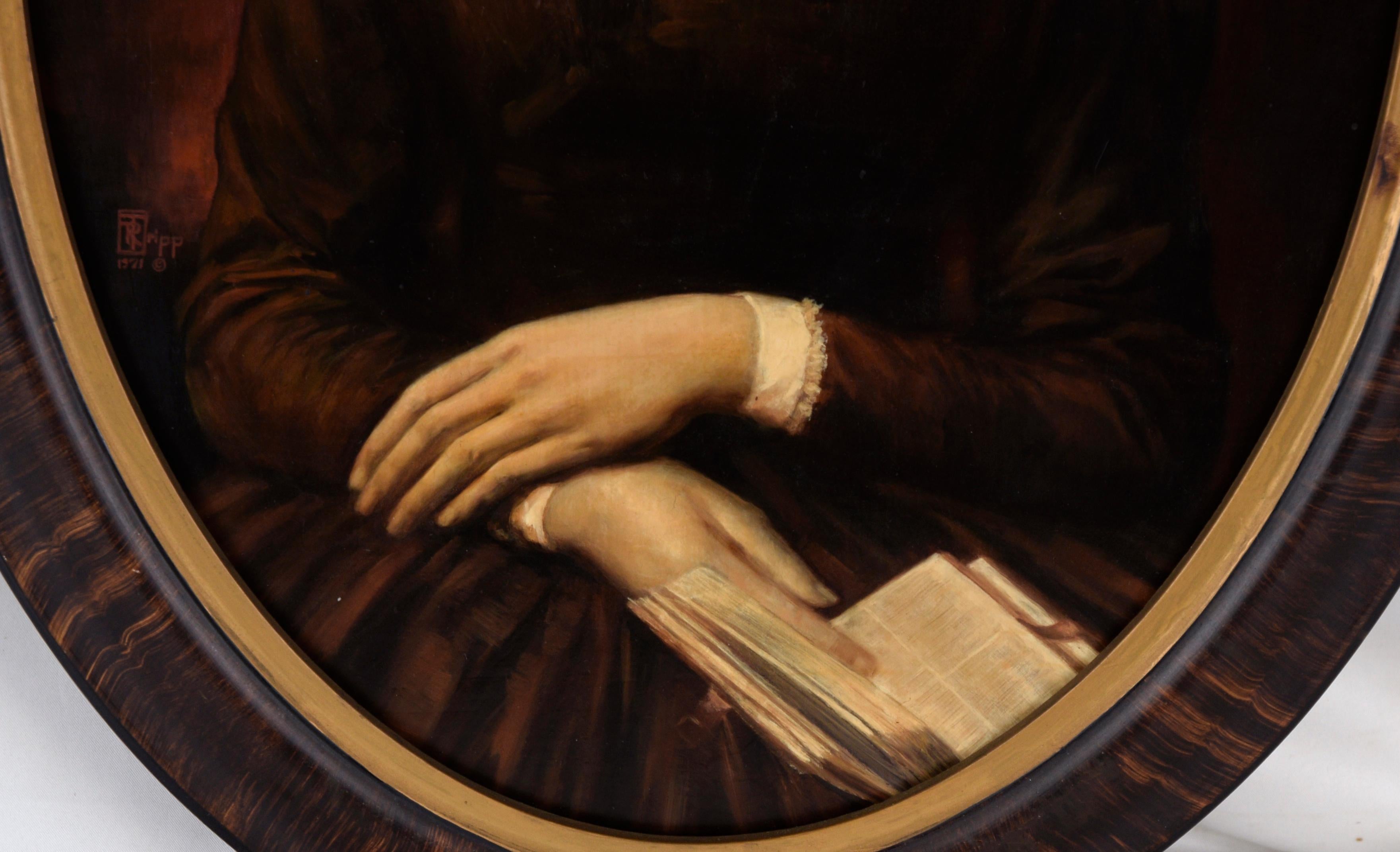 Retrato de la madre del artista de joven, en óleo sobre tabla - Painting de Russell Tripp