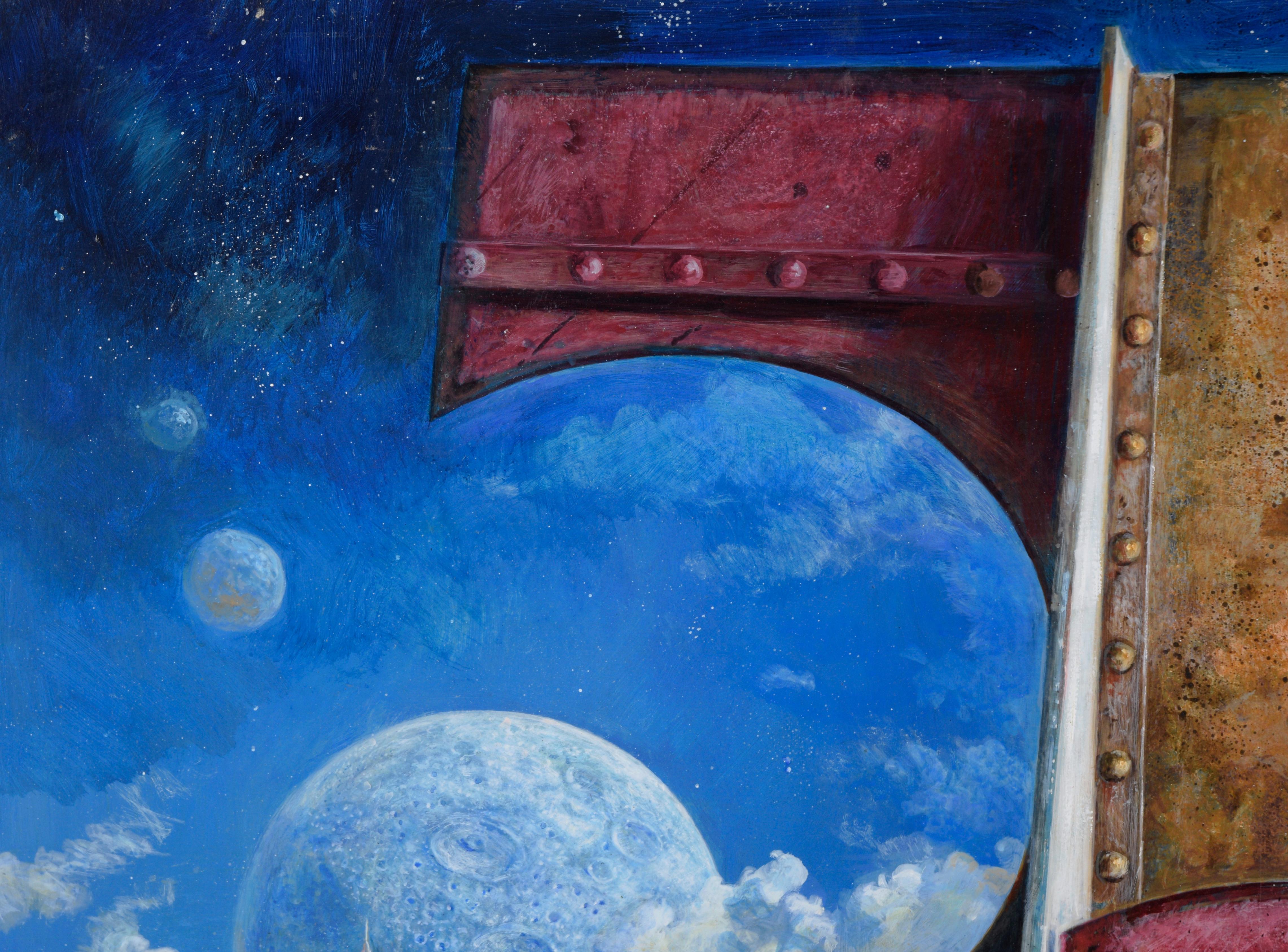 Queen of Outer Space - Original Sci- Fi Surrealist Composition On Board - Purple Figurative Painting by Russell Tripp