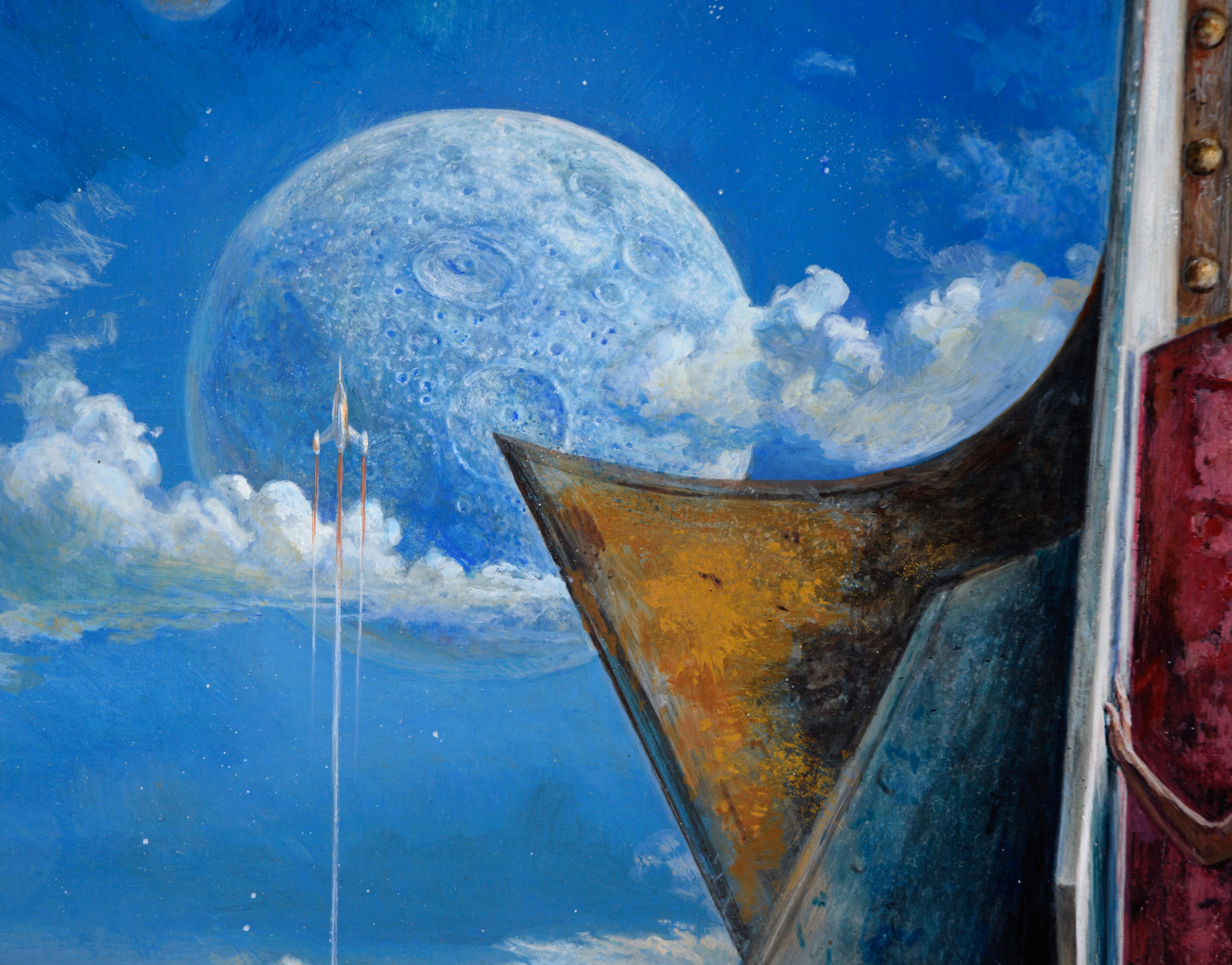 Queen of Outer Space - Original Sci- Fi Surrealist Composition On Board

Dramatic sci-fi scene by Russell R. Tripp (American, 1942-2025). This sci-fi surrealist painting blends industrial and cosmic elements, featuring a rusted geometric metal