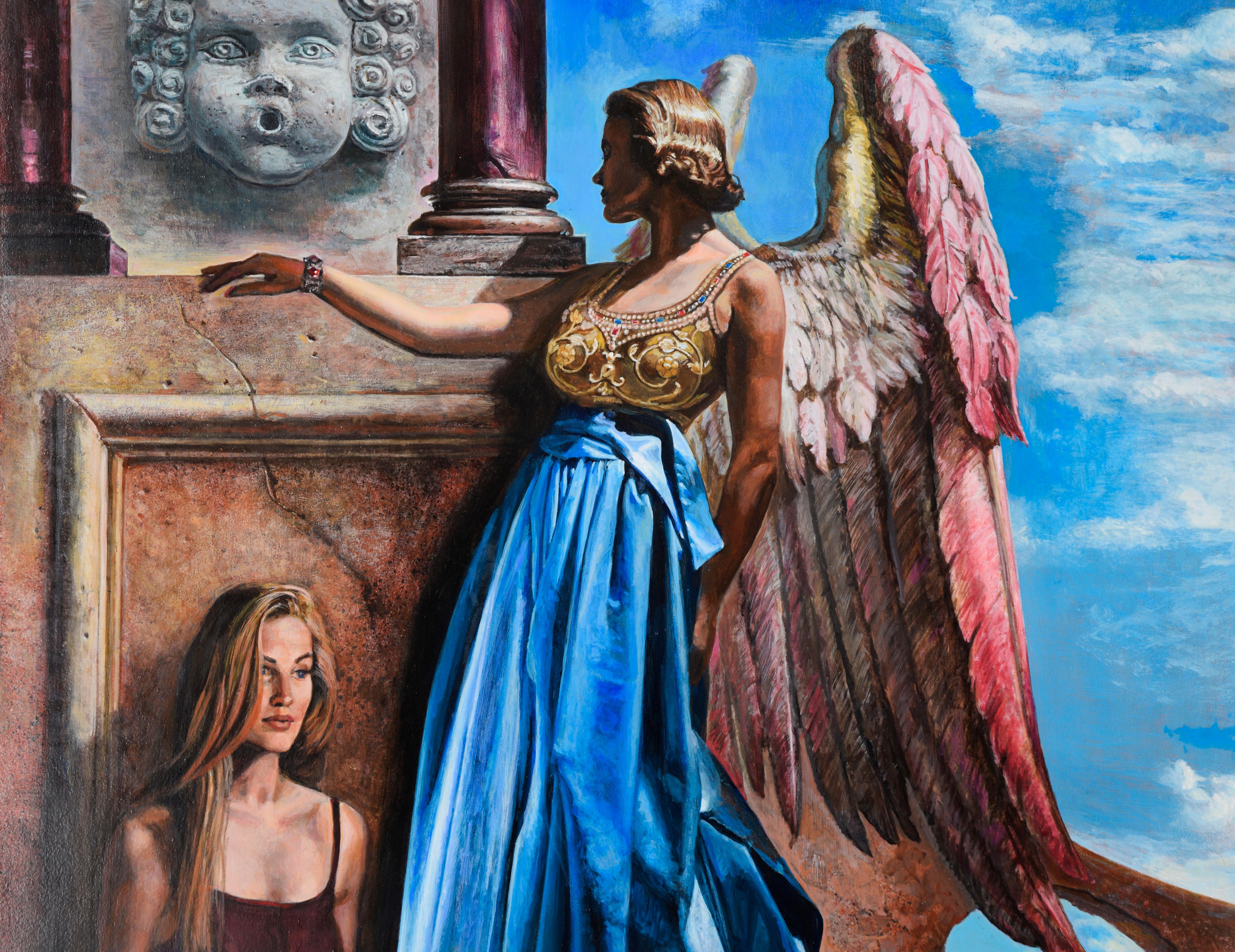 La bailarina y el ángel - Surrealista original a bordo - Painting de Russell Tripp