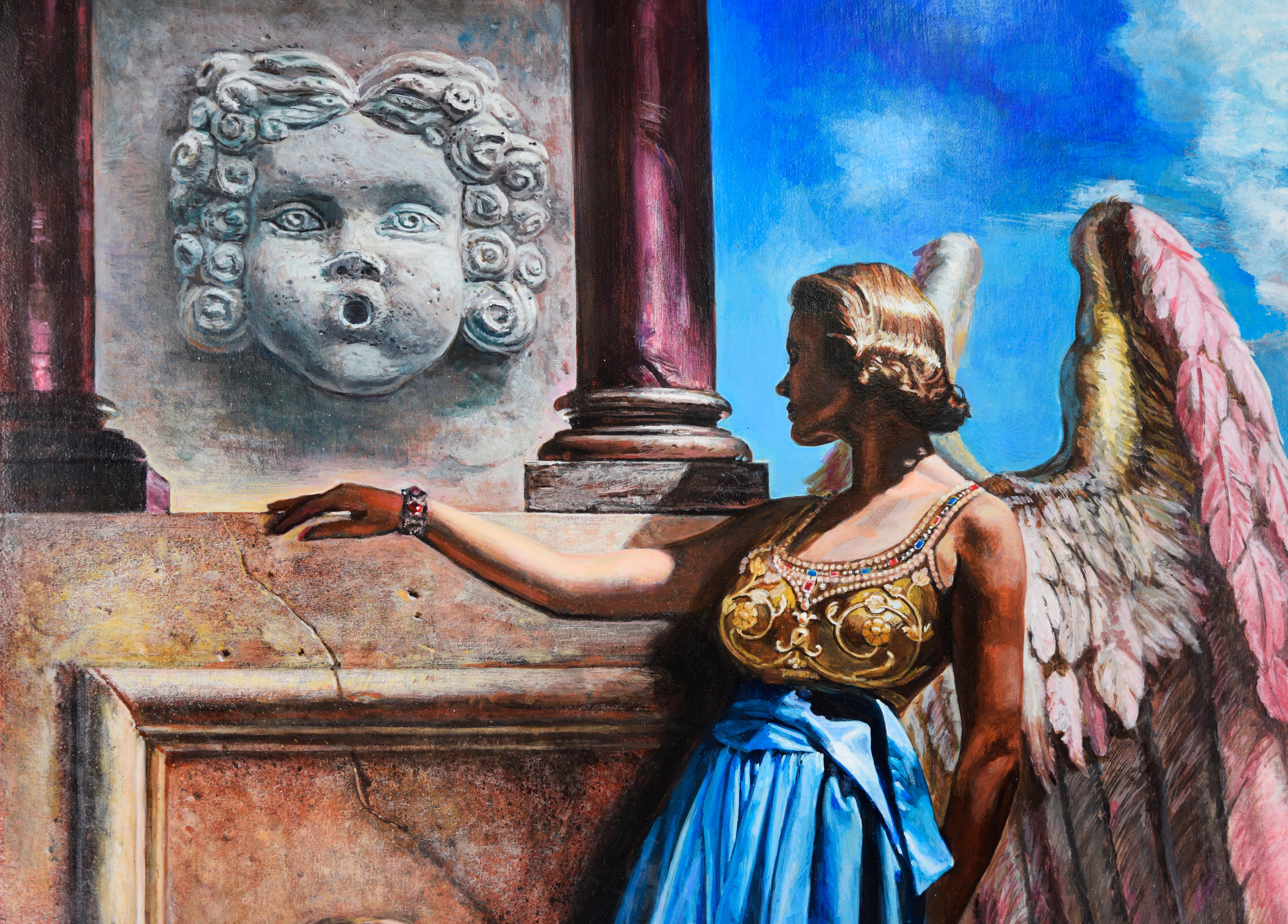 La bailarina y el ángel - Surrealista original a bordo - Figurative Painting Negro de Russell Tripp