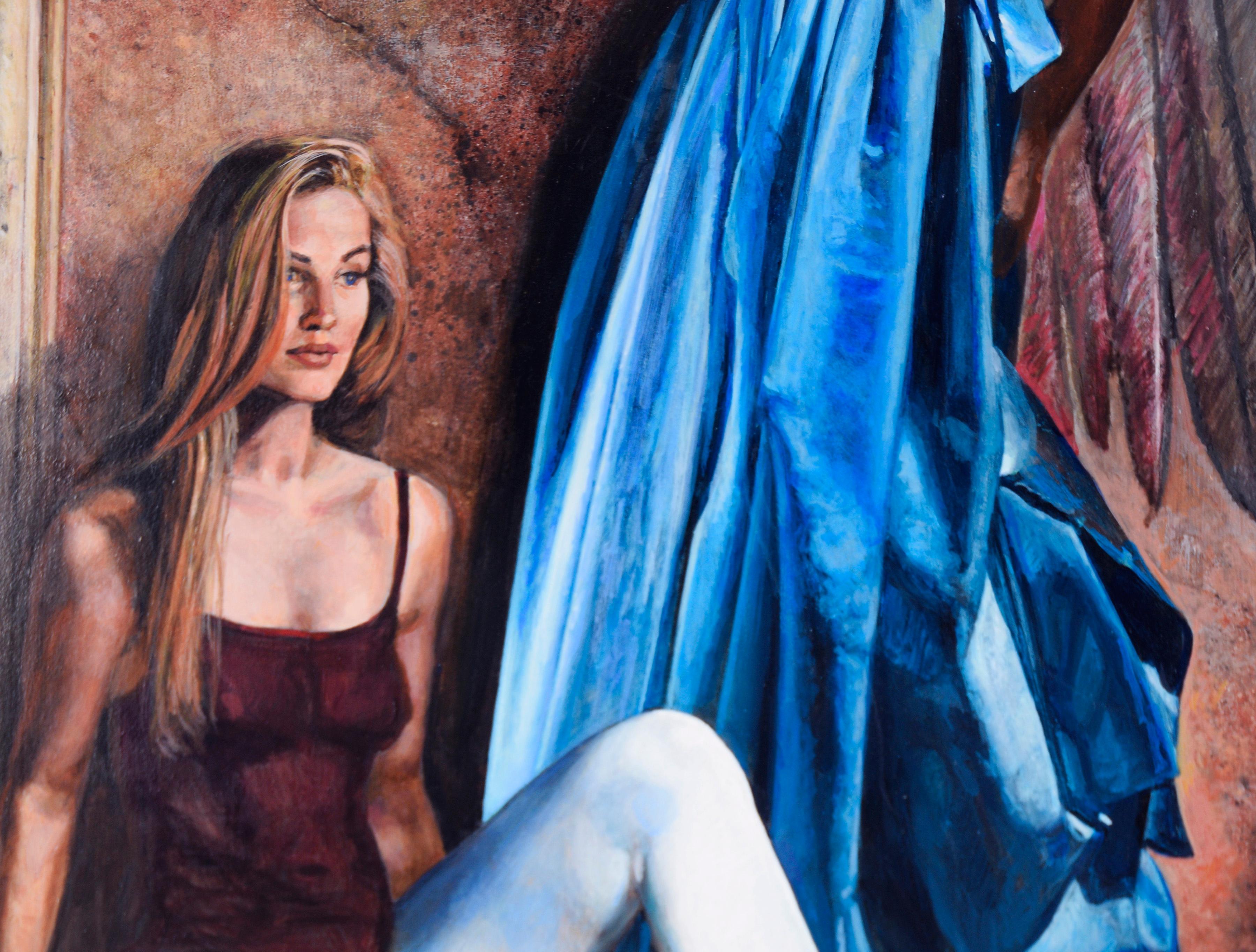 La bailarina y el ángel - Surrealista original a bordo

Dramática y dinámica escena fantástica de Russell R. Tripp (estadounidense, 1942-2025). Esta pieza representa a una bailarina sentada en la esquina inferior izquierda contra unos pilares de