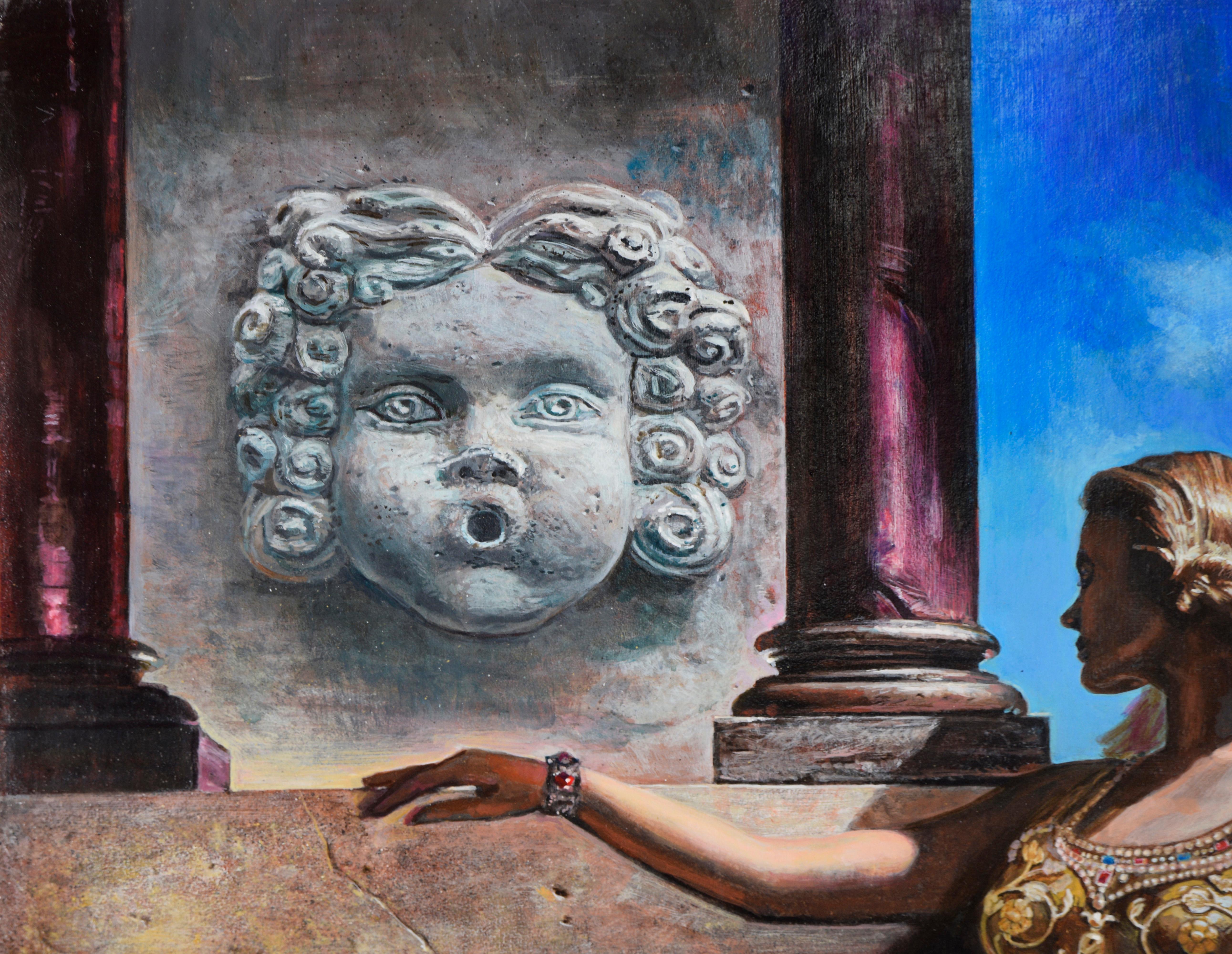 La bailarina y el ángel - Surrealista original a bordo en venta 1