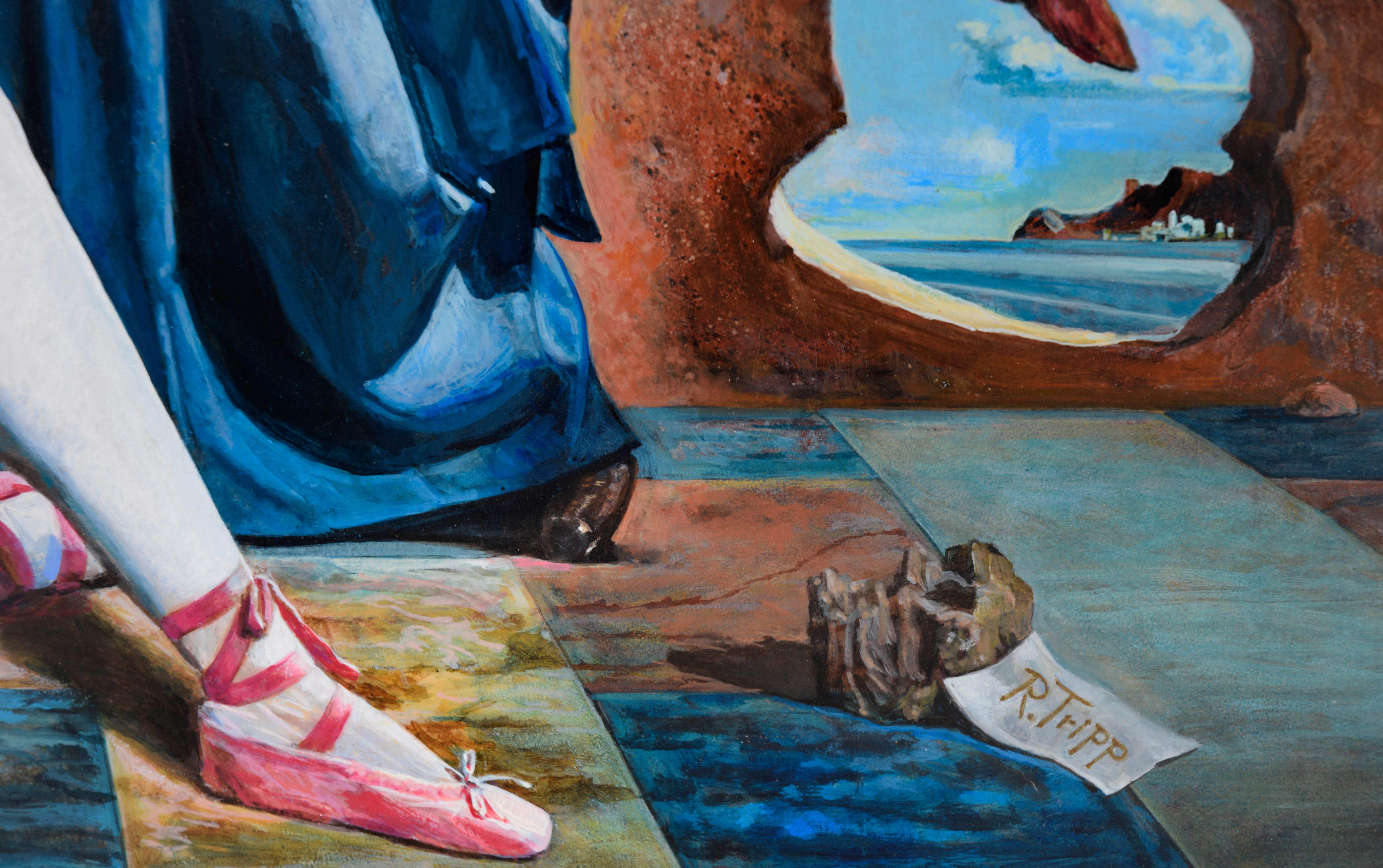 La bailarina y el ángel - Surrealista original a bordo en venta 3