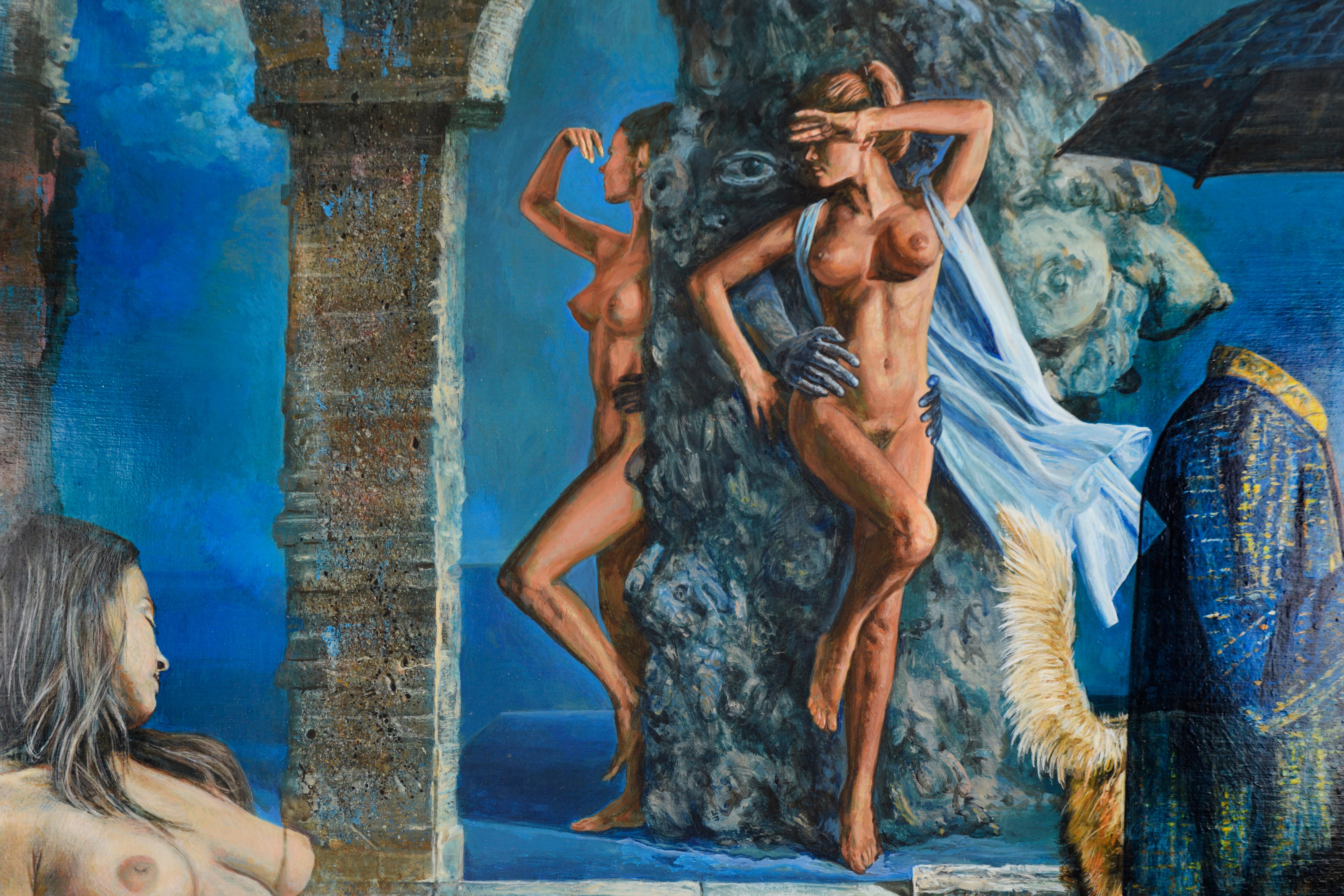 Le tre grazie - Originale surrealista su tavola - Painting di Russell Tripp