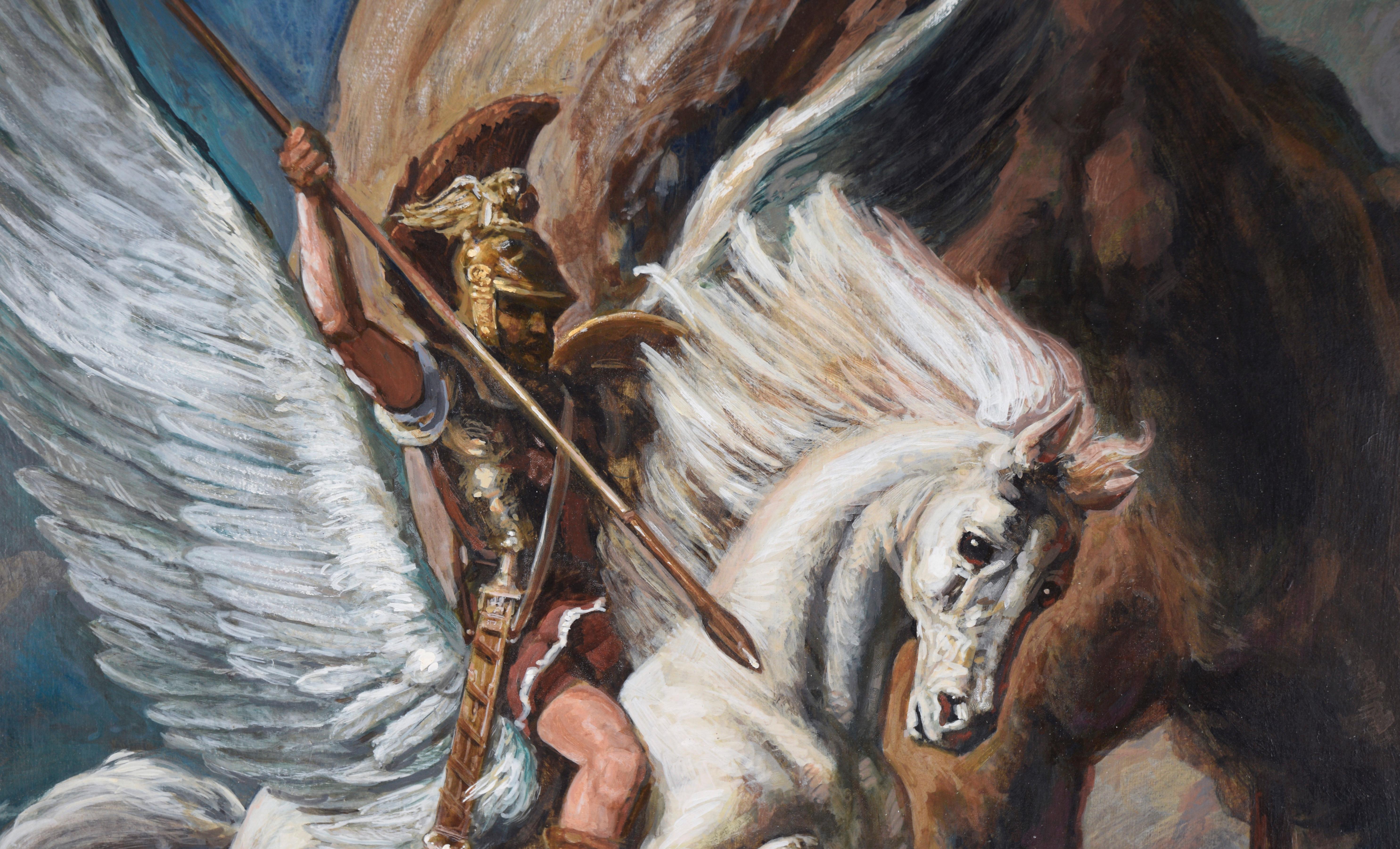 Guerrero y Pegaso luchan contra el Kraken - Original Surrealista Sobre Tabla - Painting de Russell Tripp