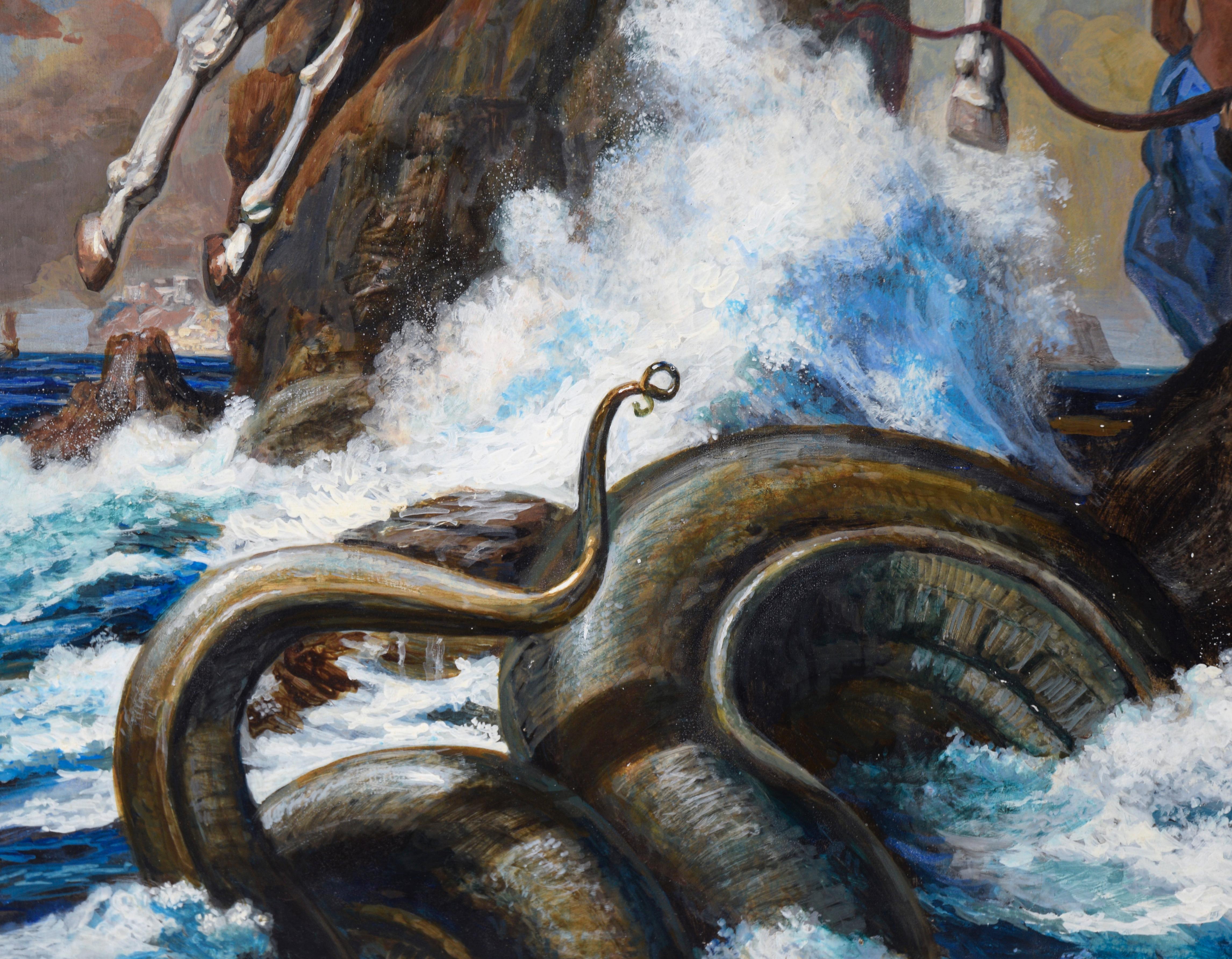 Guerrero y Pegaso luchan contra el Kraken - Original Surrealista Sobre Tabla

Dramática y dinámica escena fantástica de Russell R. Tripp (estadounidense, 1942-2025). Esta pieza representa a un guerrero sobre un luminoso corcel alado, preparado para