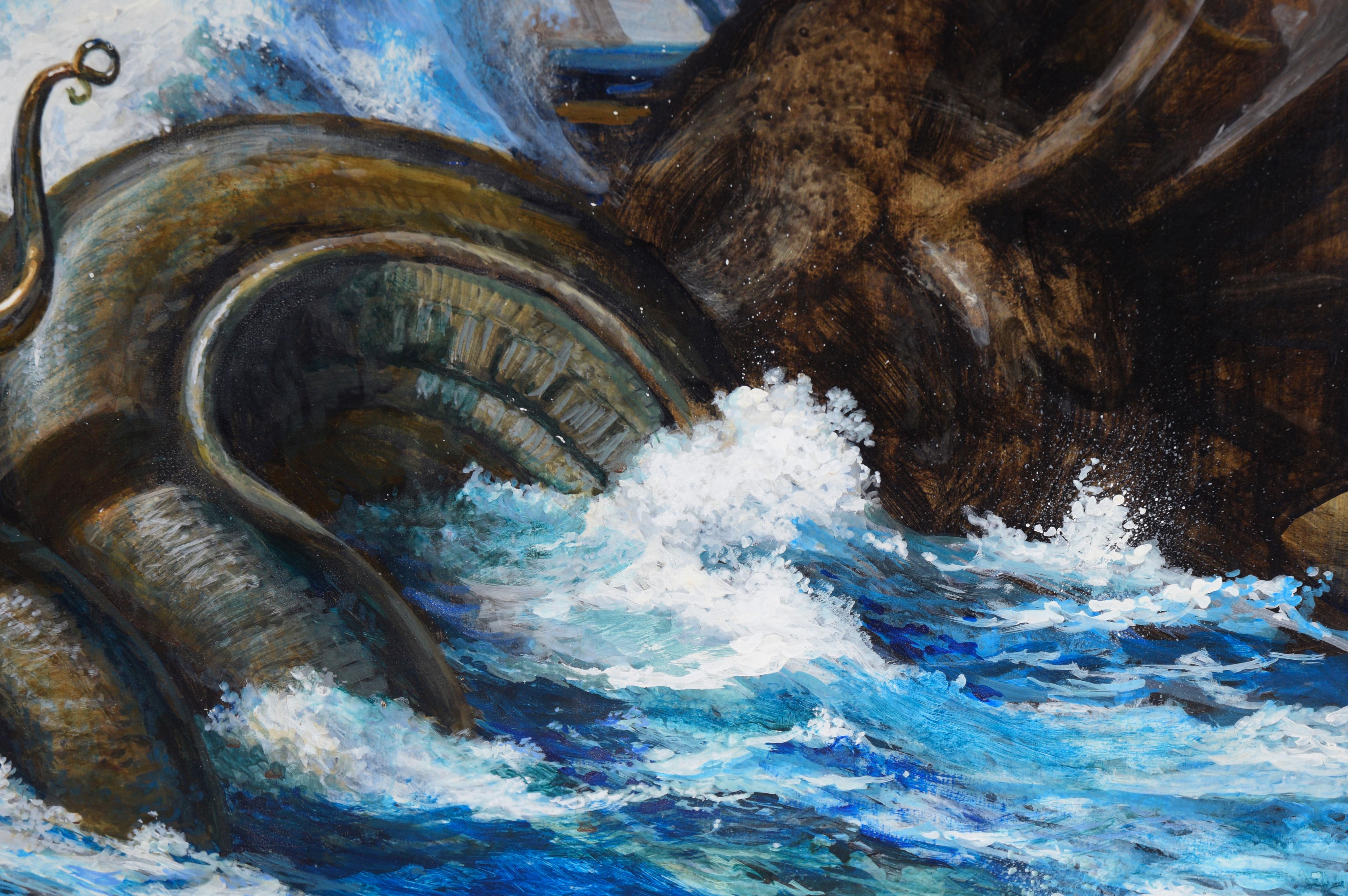 Guerrero y Pegaso luchan contra el Kraken - Original Surrealista Sobre Tabla en venta 1
