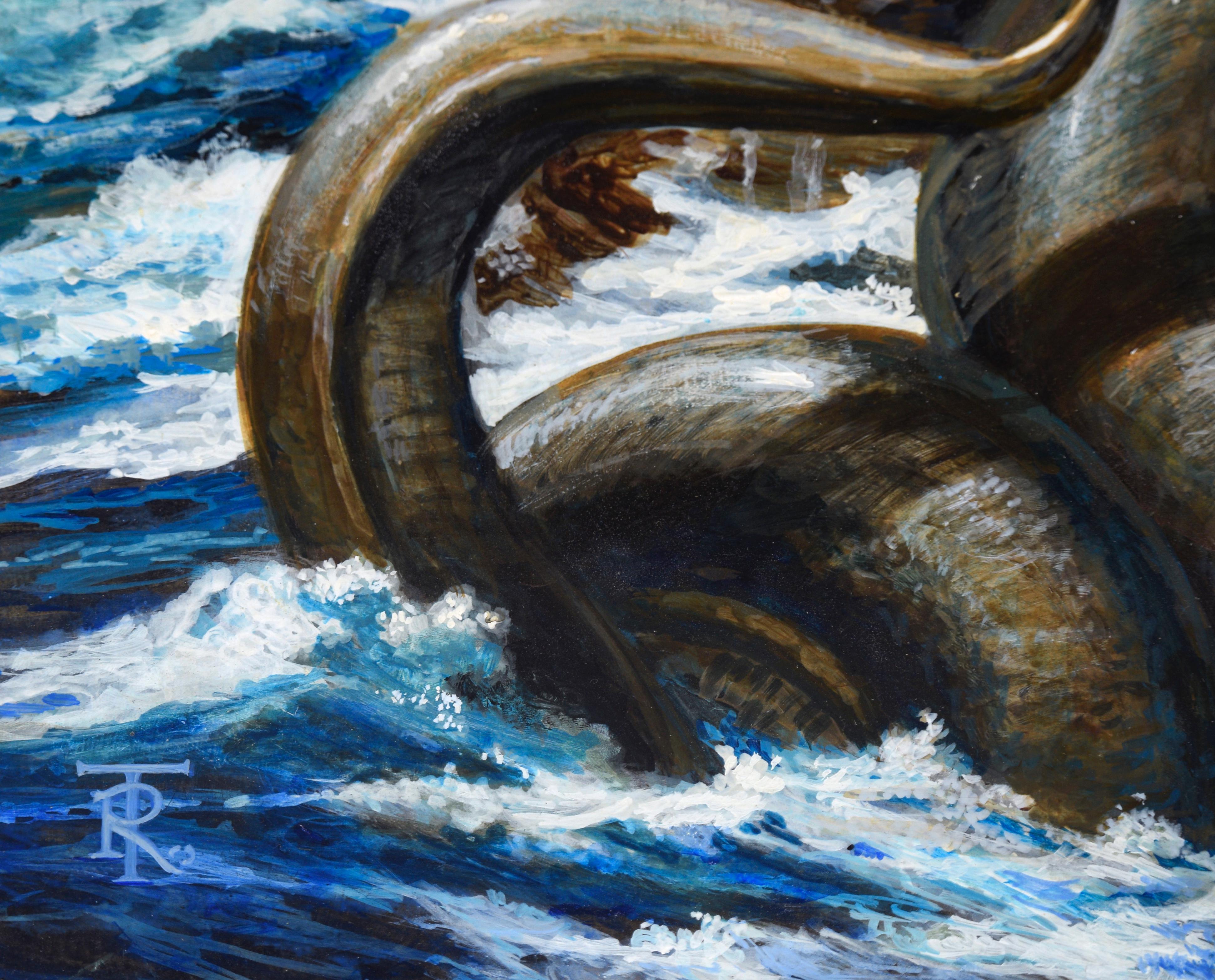 Guerrero y Pegaso luchan contra el Kraken - Original Surrealista Sobre Tabla en venta 2