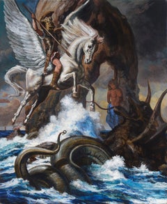 Guerrier et Pegasus combattent le Kraken - Original surréaliste sur carton
