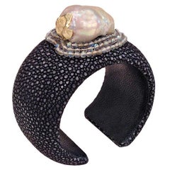 Russell Trusso Black Shagreen Baroque Pearl Moonstone Gold Cuff Bracelet