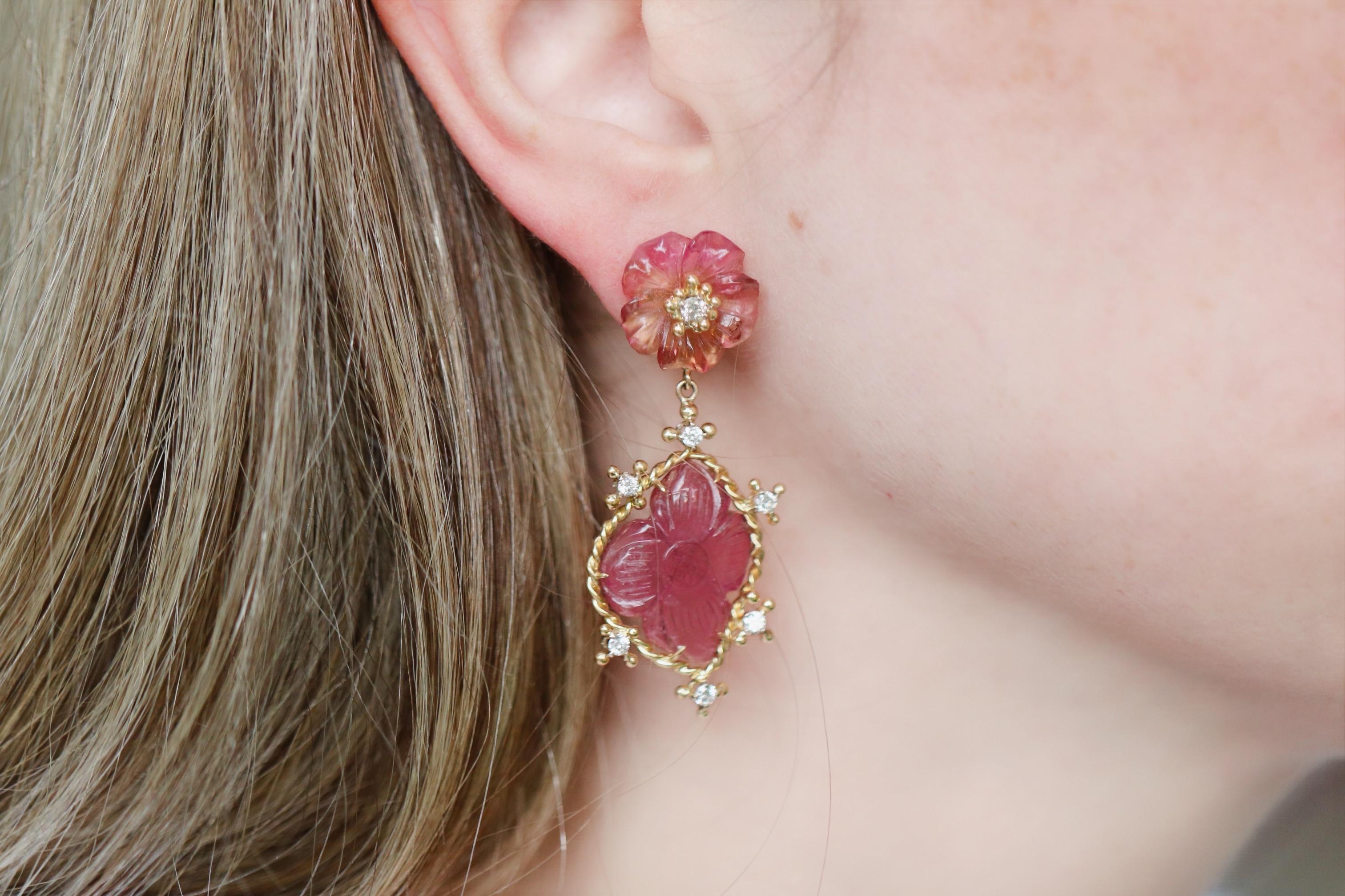 One of a Kind Petal Drop Earrings handmade in intricately-formed 18k yellow gold by jewelry artist Russell Trusso featuring four matched, hand-carved pink tourmaline flowers accented with round brilliant-cut white diamonds and finished on 18k yellow