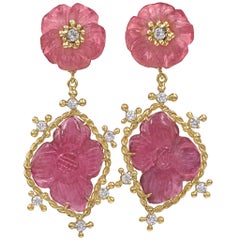 Russell Trusso Carved Pink Tourmaline White Diamond Flower Drop Earrings