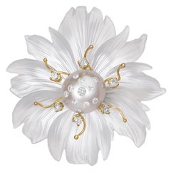 Russell Trusso Carved Rock Crystal White Diamond Pearl Flower Brooch Pendant