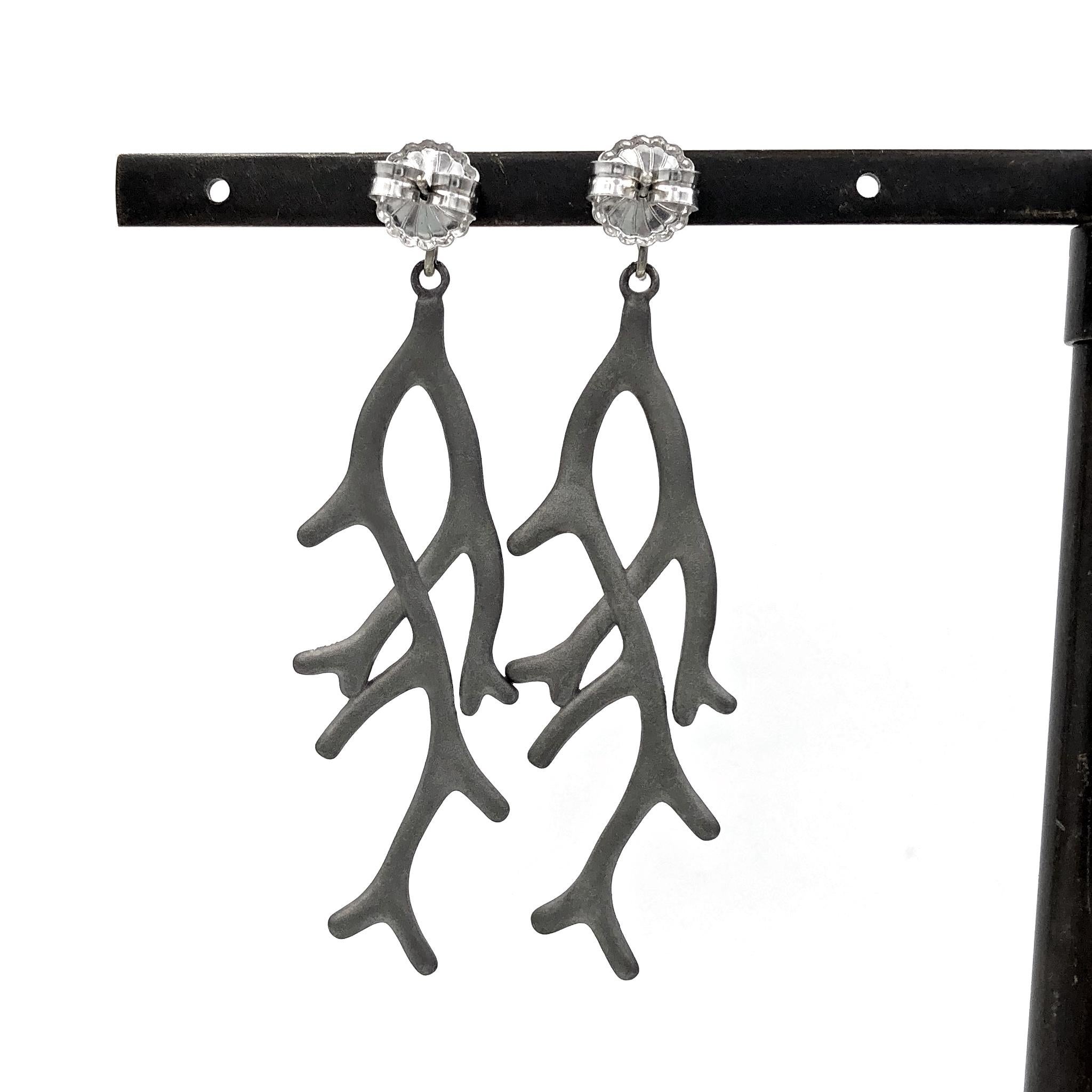 Diamond Branch Dangle Drop Earrings handmade by jewelry artist Russell Trusso featuring a pair of oxidized sterling silver branch elements inlaid with full-cut diamonds and attached to round brilliant-cut white diamonds (total diamond weight - 0.48