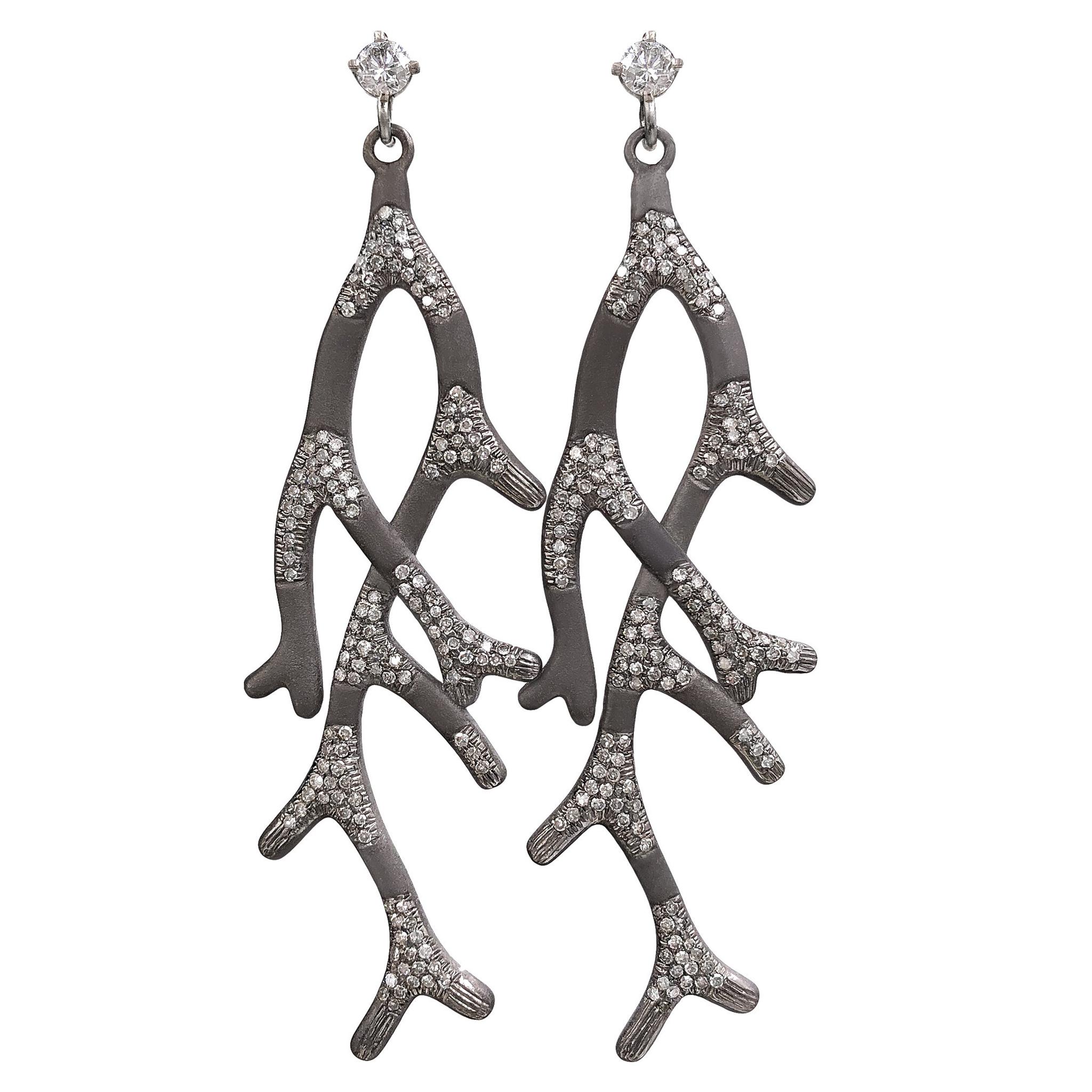 Russell Trusso Diamond Oxidized Silver Gold Branch Dangle Drop Earrings