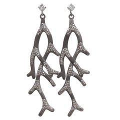 Russell Trusso Diamond Oxidized Silver Gold Branch Dangle Drop Earrings