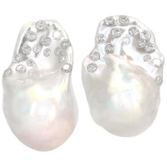 Russell Trusso Extraordinary South Sea Baroque Pearl White Diamond Earrings